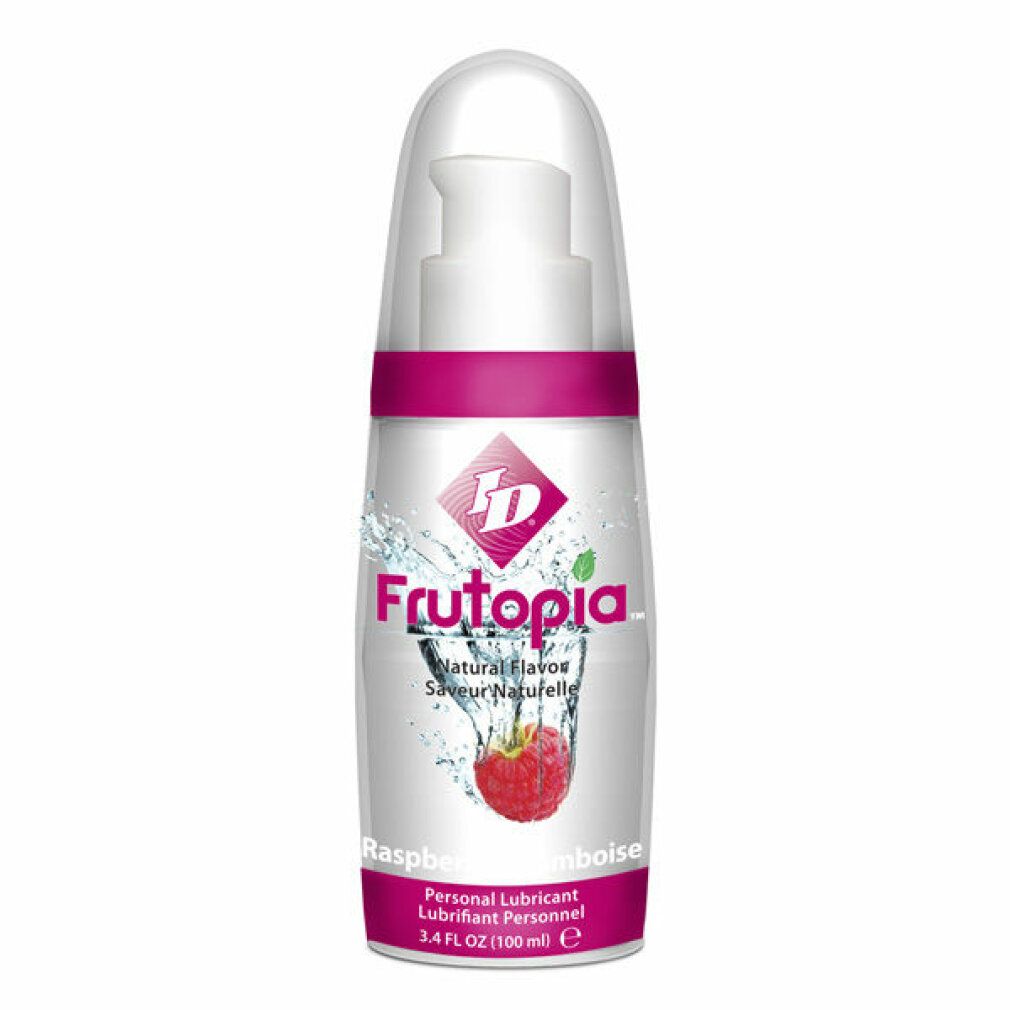 Flasche mit Pumpe. Aufschrift Frutopia, Himbeer-Abbildung. Text: Natural Flavor, Personal Lubricant, 3.4 FL OZ (100 ml).