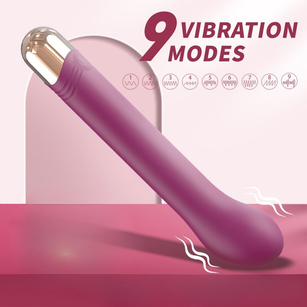 Lila Vibrator mit goldfarbener Spitze. Text: 9 VIBRATIONSMODI. Auf rosa Hintergrund.