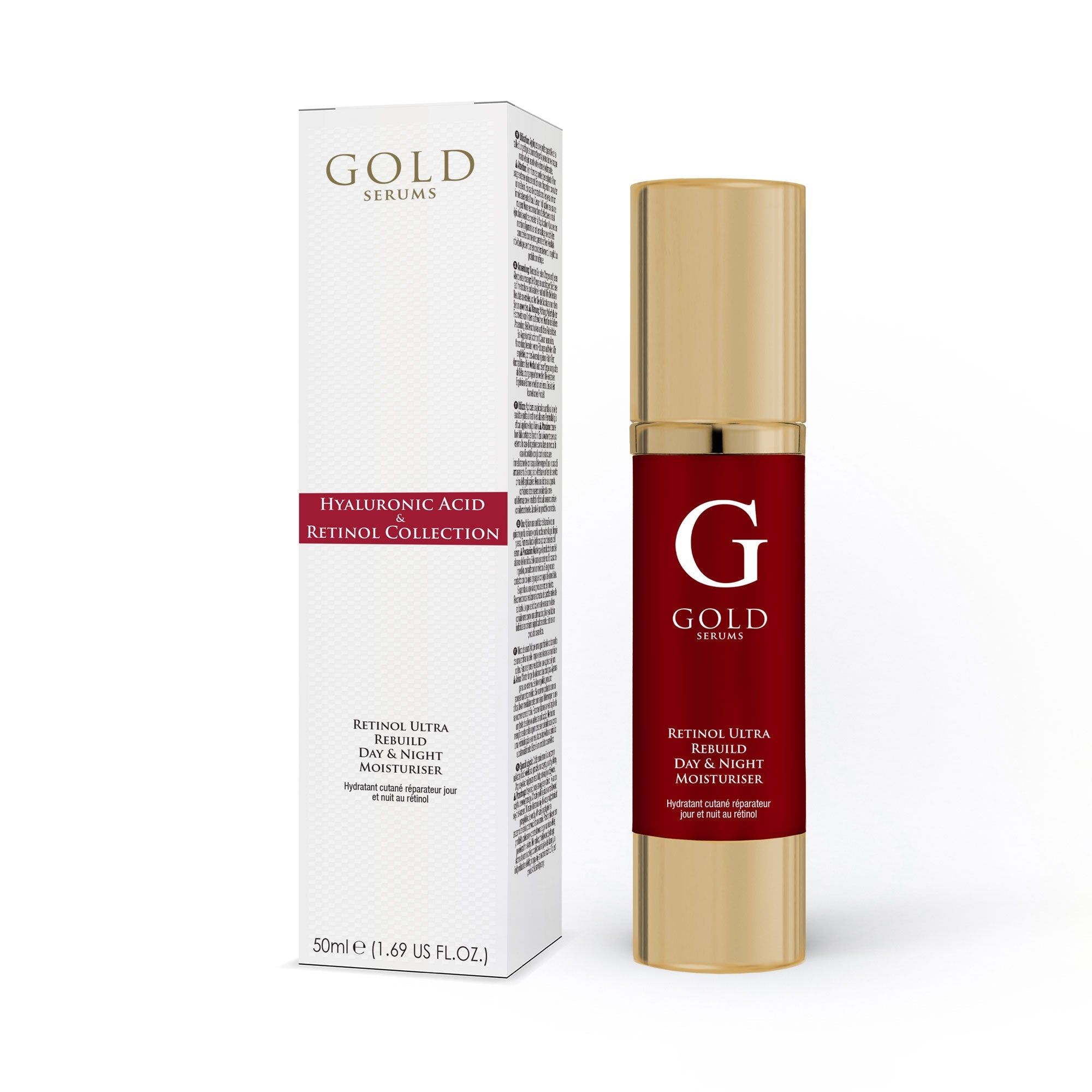 Gold Serums Flasche und Verpackung. Weiße Verpackung mit Text. Rote Flaschenetikett mit weißer Schrift: Retinol Ultra Rebuild Day & Night Moisturiser.