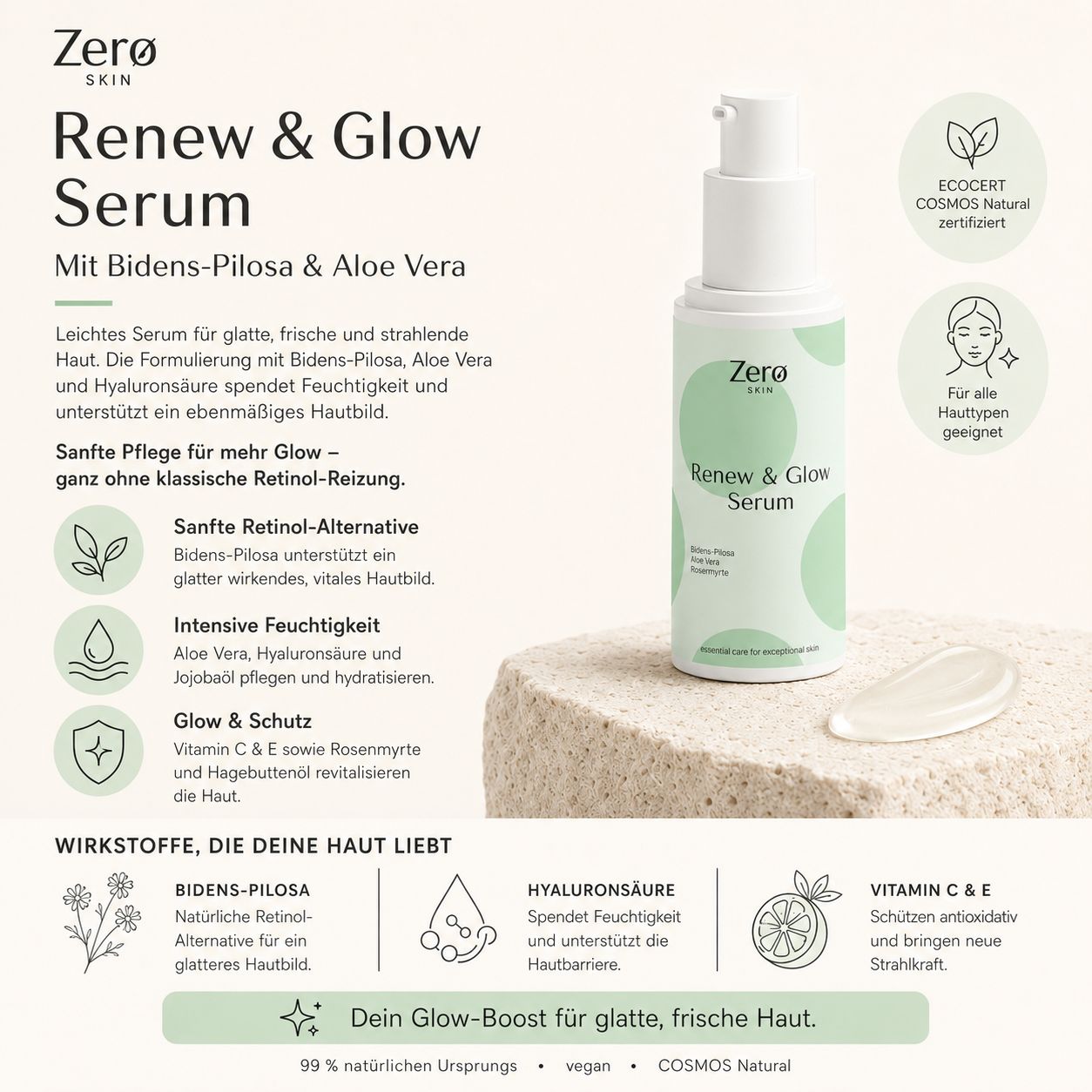 Produktabbildung mit Serumflasche und Text. Flasche weiß-grün, Text: Zero Skin, Renew & Glow Serum. Zertifizierung COSMOS Natural.