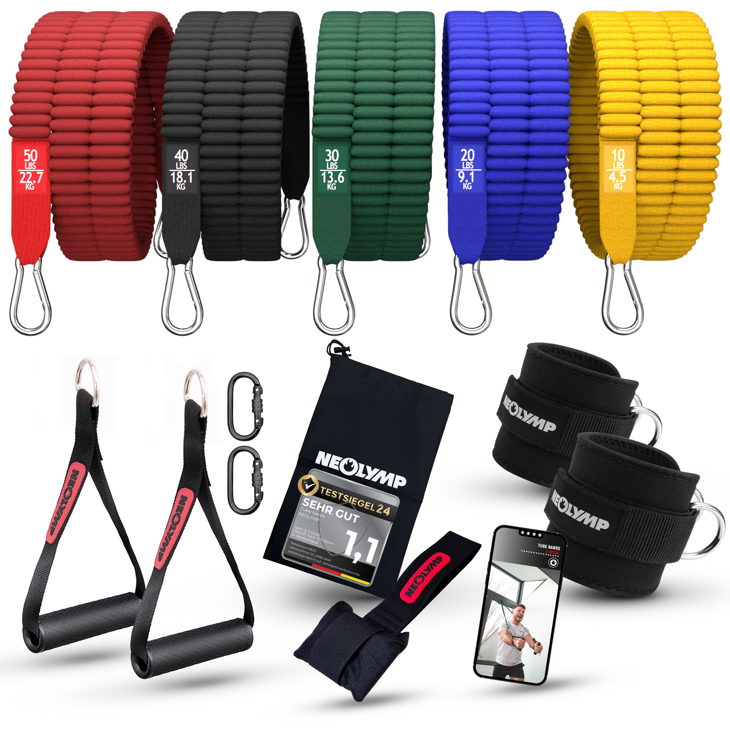 Widerstandsbänder-Set. Fünf farbige Bänder mit Karabinerhaken. Inklusive Handgriffen, Fußschlaufen, Türanker, Tasche. NEOLYMP-Logo.