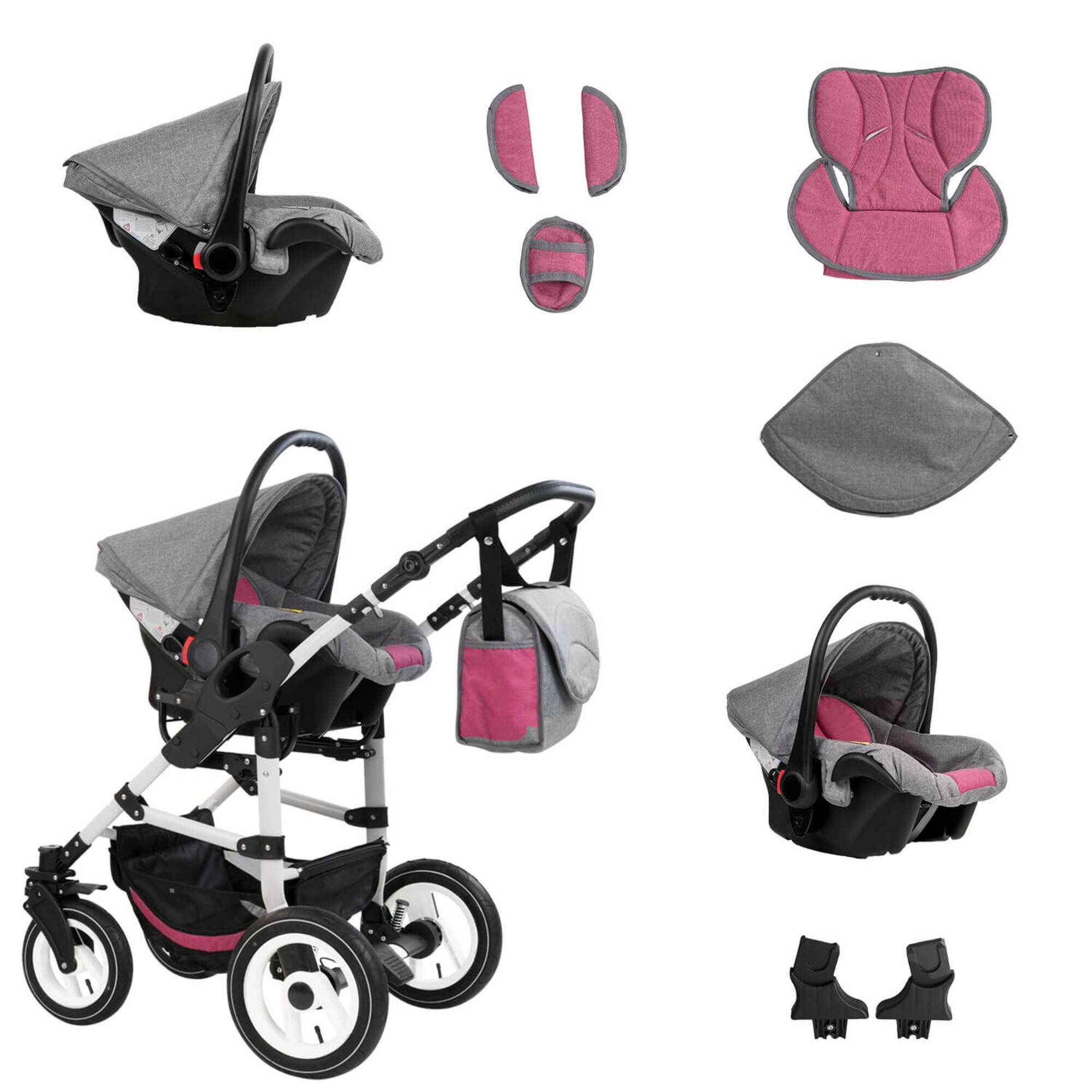 Kinderwagen-Set, grau-rosa, mit Babyschale und Zubehör. Enthält Sportwagenaufsatz, Babyschale, Adapter und Tasche.