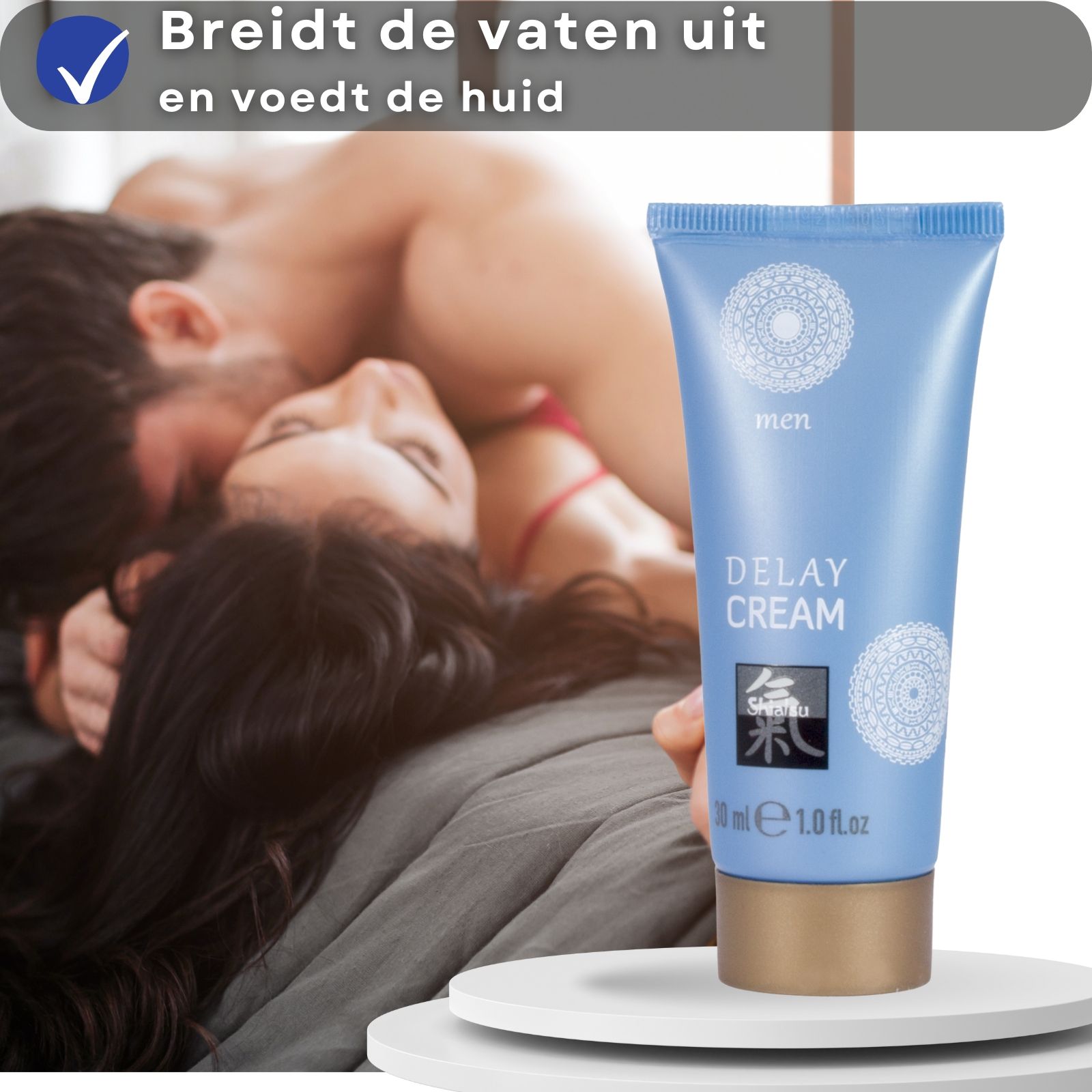 Blauwe tube en tekst. Tekst: breidt de vaten uit, voedt de huid.