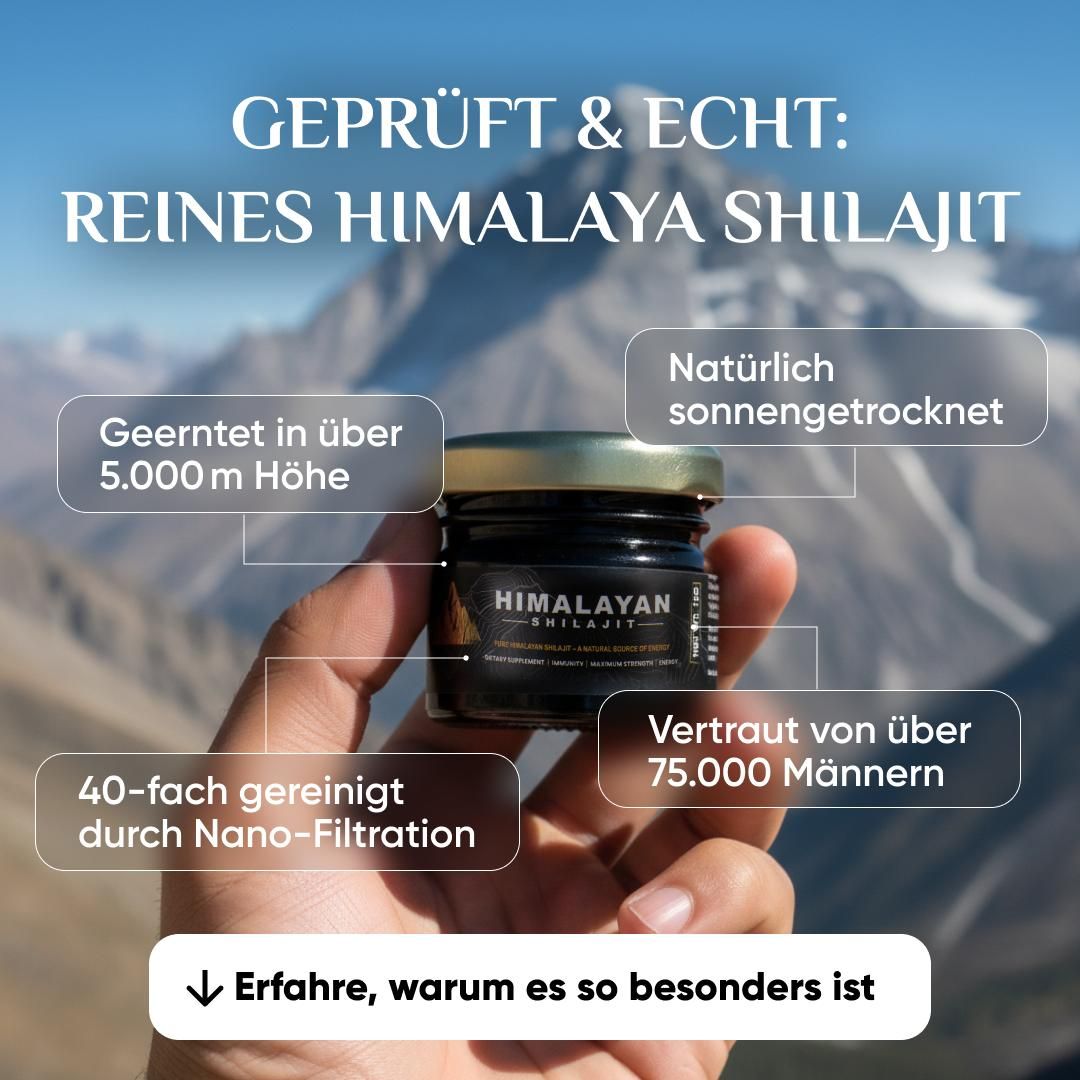 Hand hält einen Glasbehälter mit "Himalayan Shilajit". Text: "Geprüft & Echt: Reines Himalaya Shilajit".