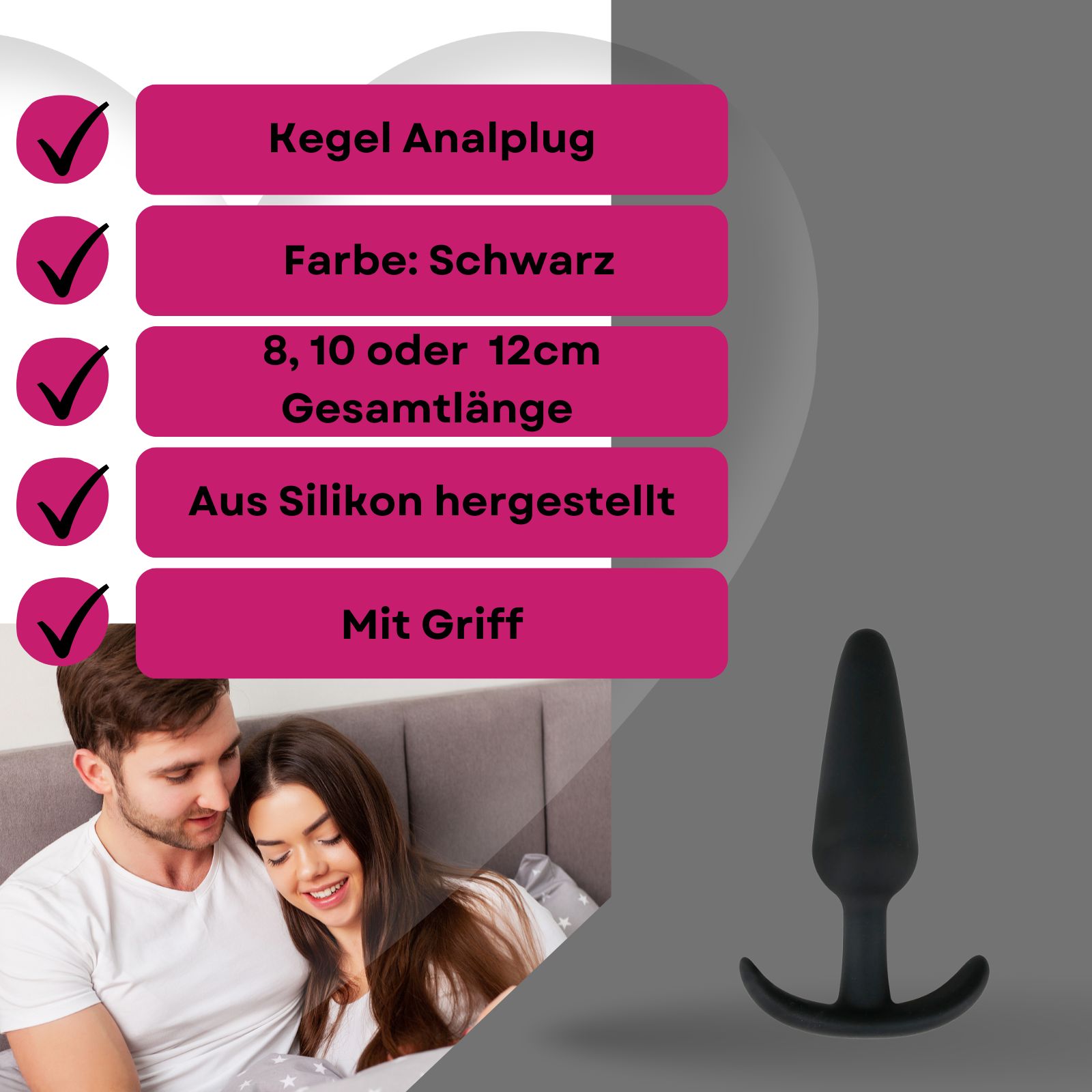 Produktabbildung mit Text: Kegel Analplug, Farbe: Schwarz, 8, 10 oder 12cm Gesamtlänge, Aus Silikon, Mit Griff.
