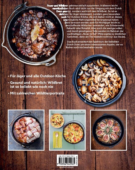 Buchrückseite: Verschiedene Gerichte in Dutch Oven. Text und Logos. Fotos von Gerichten mit Fleisch und Gemüse.