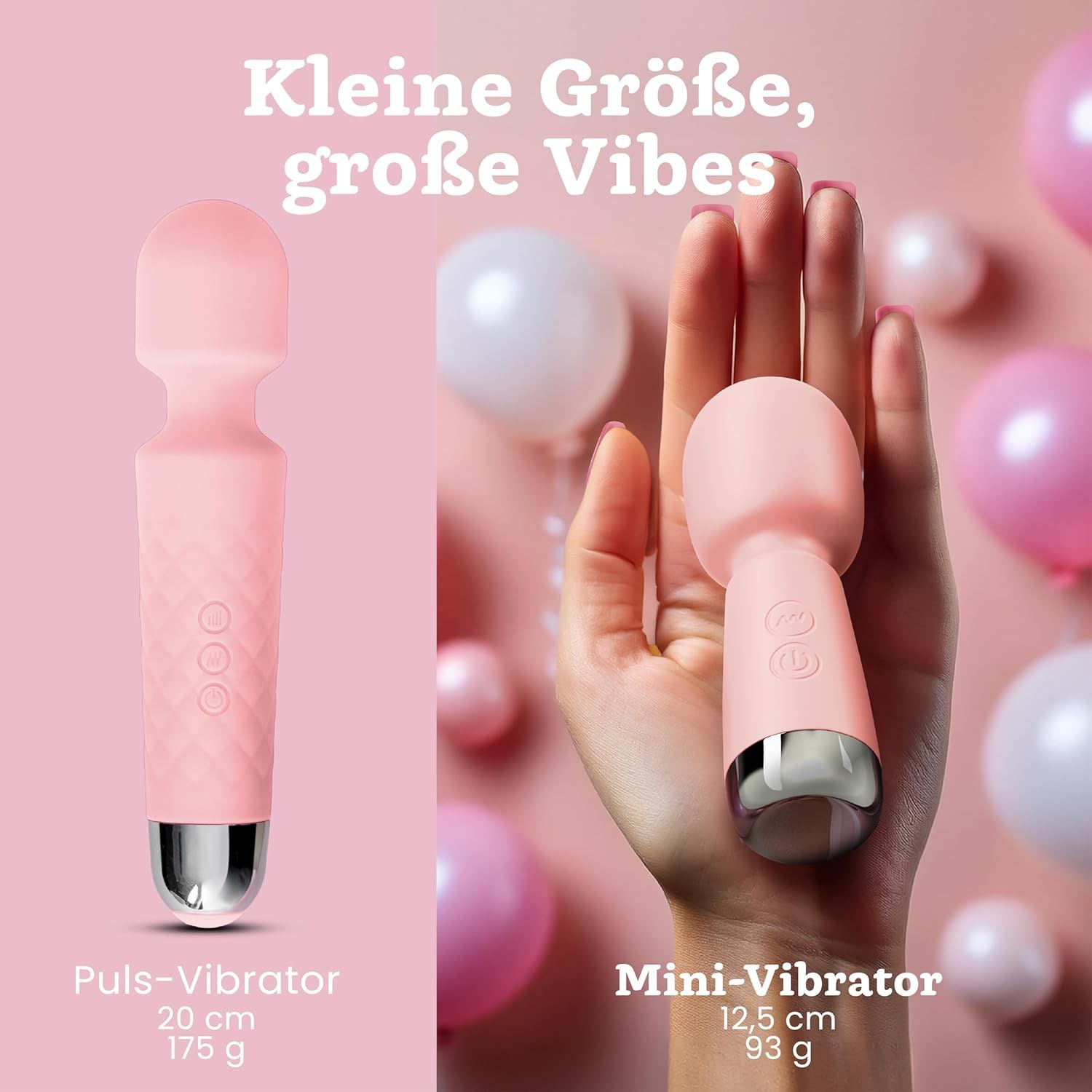 Vergleich von zwei rosa Vibratoren: ein langer Puls-Vibrator (20 cm) und ein Mini-Vibrator (12,5 cm) in einer Hand.