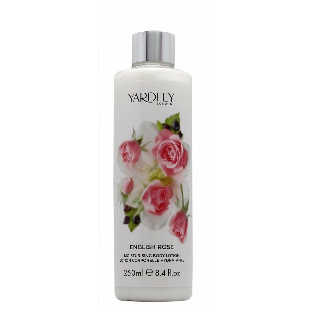 Flasche mit Yardley English Rose Body Lotion. Rosen-Dekor. Silberner Deckel. Text: English Rose, Moisturising Body Lotion.