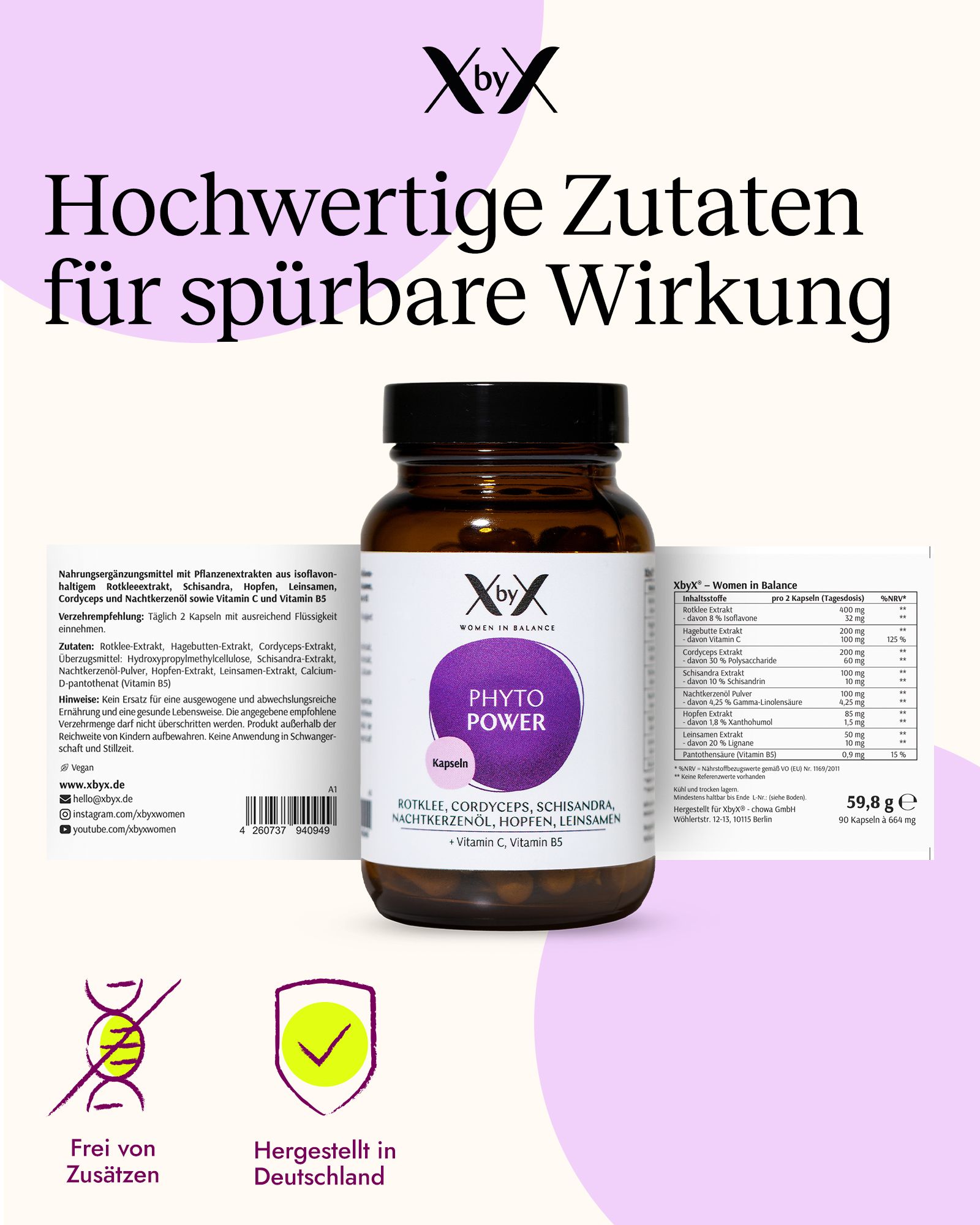 XbyX Phyto Power Kapseln Flasche mit detaillierten Nährwertangaben und Siegeln 'Frei von Zusätzen', 'Hergestellt in Deutschland'.