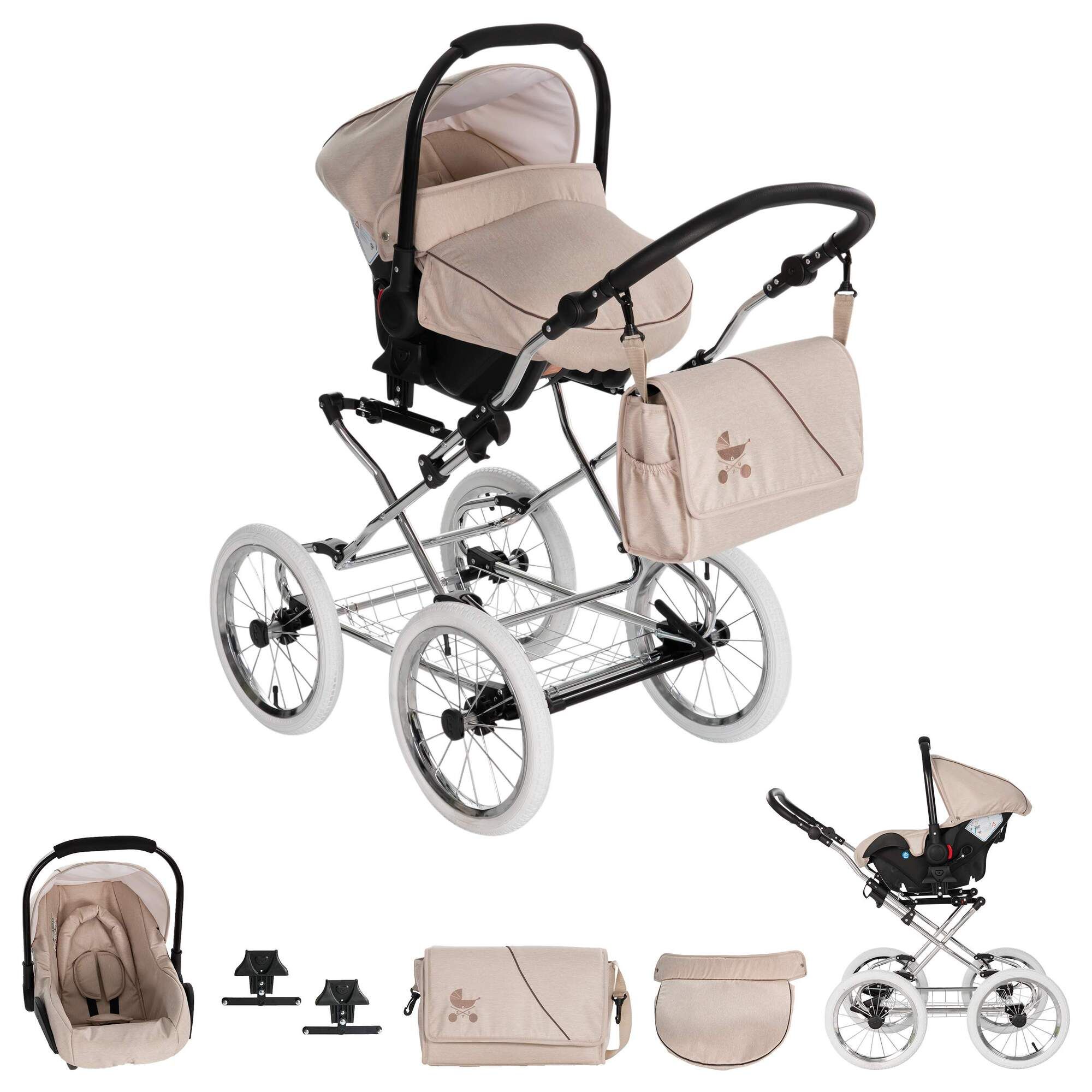 Friedrich Hugo München 4 in 1 Kinderwagen ISOFIX Set, Sand Chrom Weiß