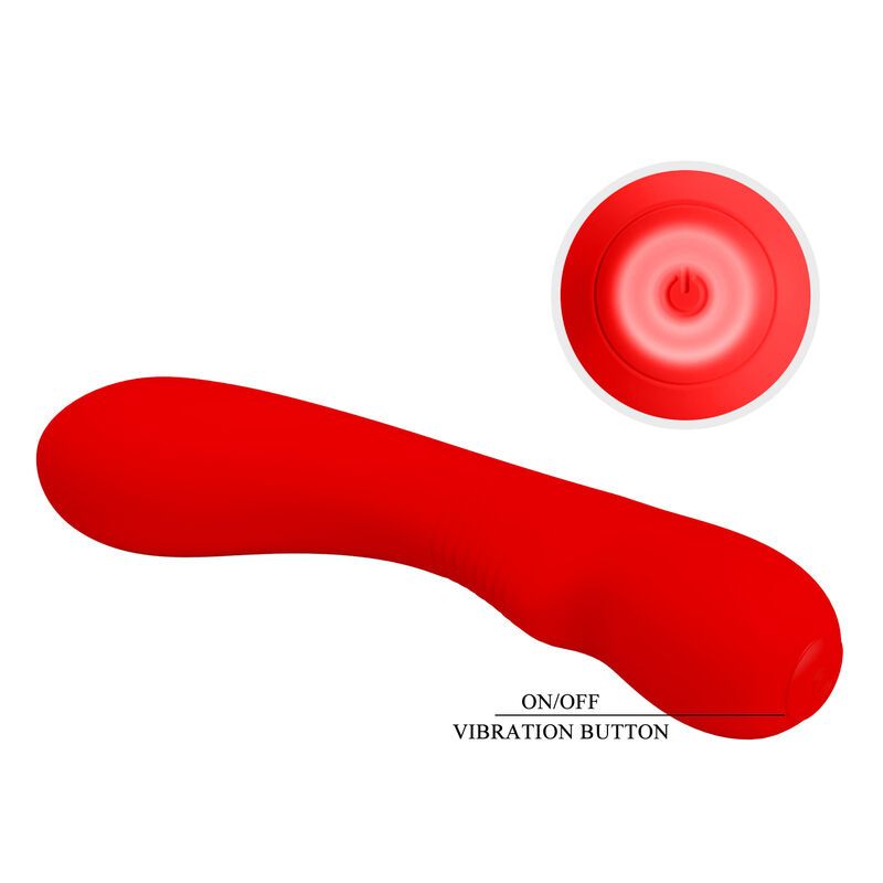Roter Vibrator mit geschwungener Form. Mit Ein-/Aus-Vibrationstaste. Ein Ende abgerundet, das andere spitz zulaufend.