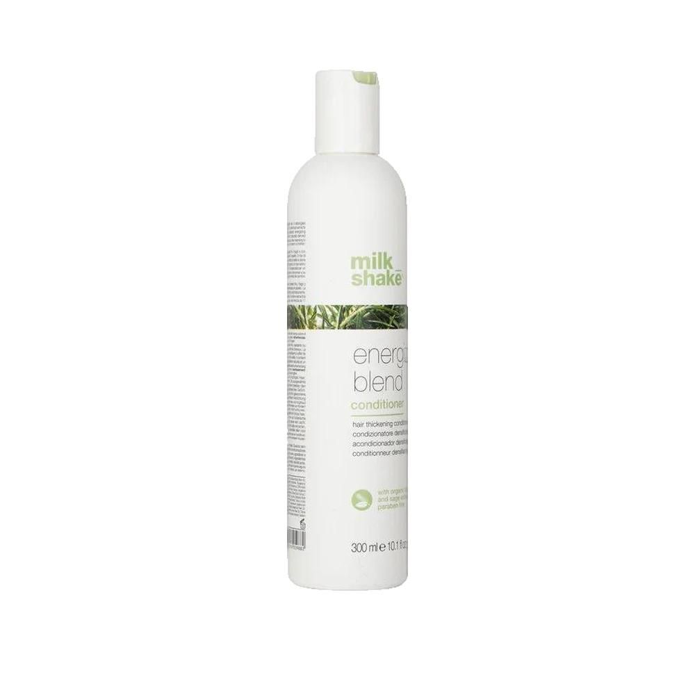 Weißes Milk_shake Energizing Blend Conditioner Flasche. Grüner Deckel und Etikett mit Produktinformationen. 300 ml.
