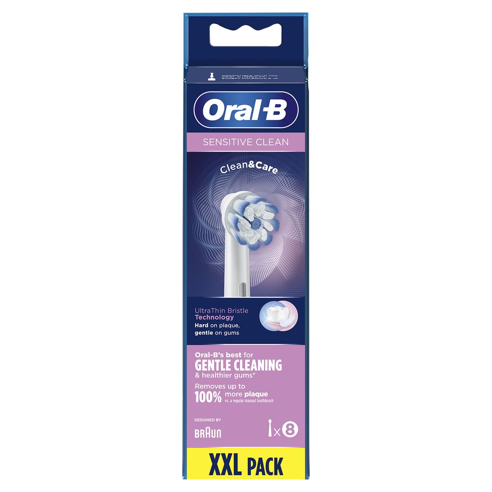 Packung mit acht Oral-B Sensitive Clean Aufsteckbürsten. Verpackung mit Produktabbildung und Texten wie "Sensitive Clean" und "XXL PACK".