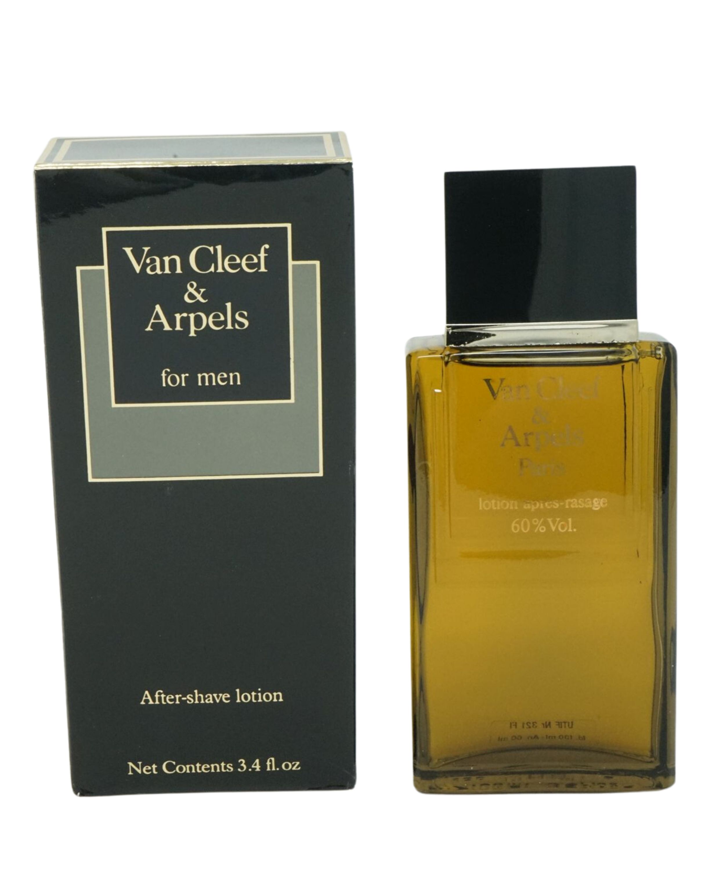 After-Shave Lotion von Van Cleef & Arpels für Herren. Flakon und Verpackung in Schwarz und Gold. Aufschrift: After-shave lotion, 3.4 fl.oz.