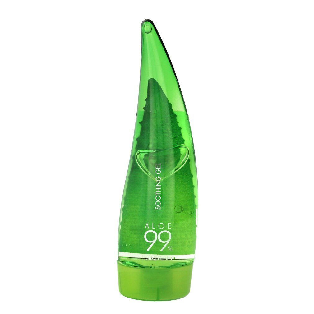 Grüne Flasche mit Aloe 99% beruhigendem Gel, spitz zulaufend.