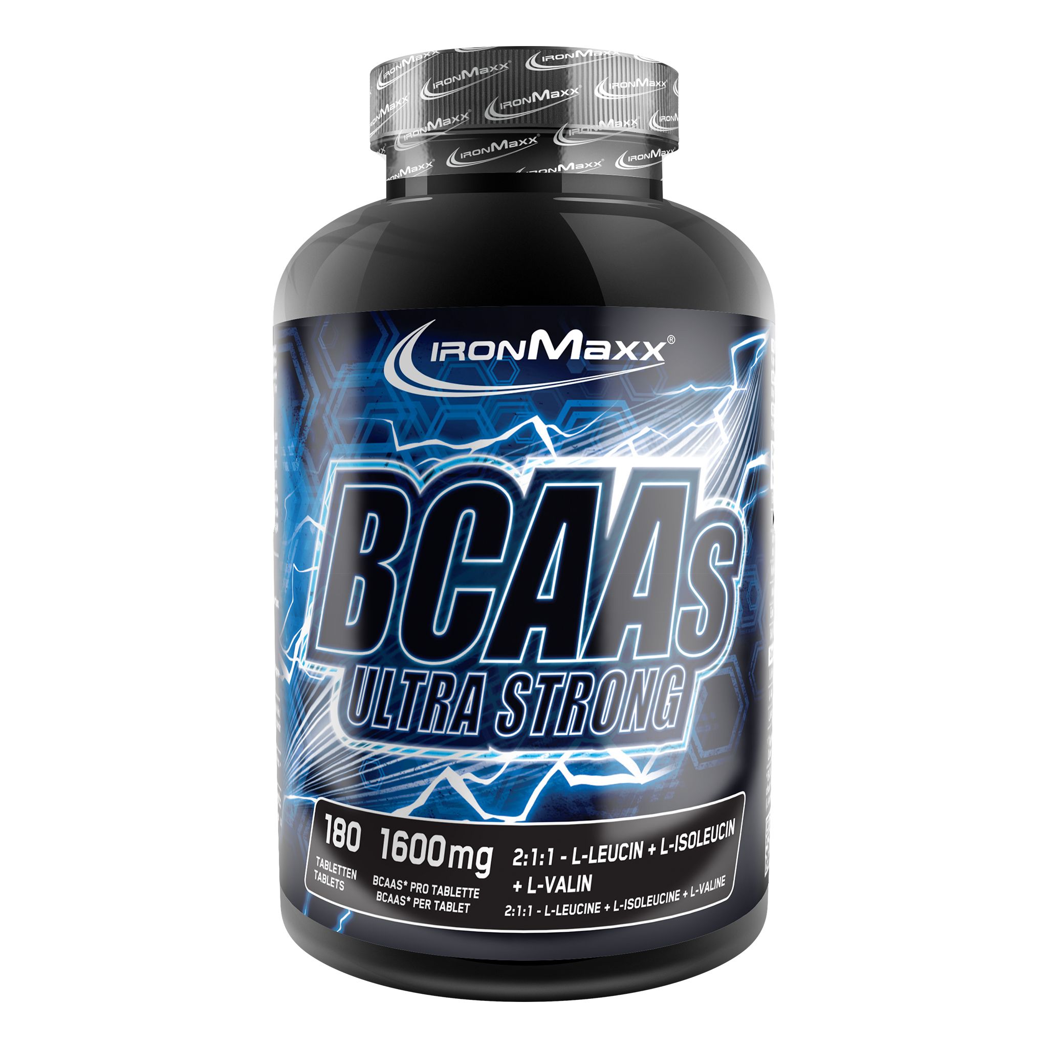 Flasche mit 180 BCAA Ultra Strong Tabletten, 1600mg pro Tablette. Zuckerfrei.