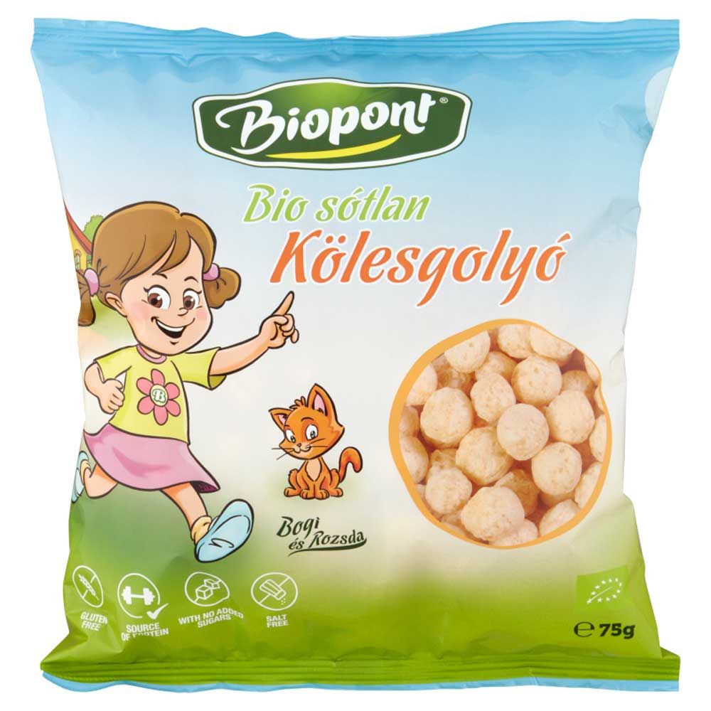 Verpackung mit Biopont Hirsebällchen. Aufdruck: Bio, glutenfrei, ohne Zuckerzusatz, salzfrei. Abbildung eines Mädchens und einer Katze.