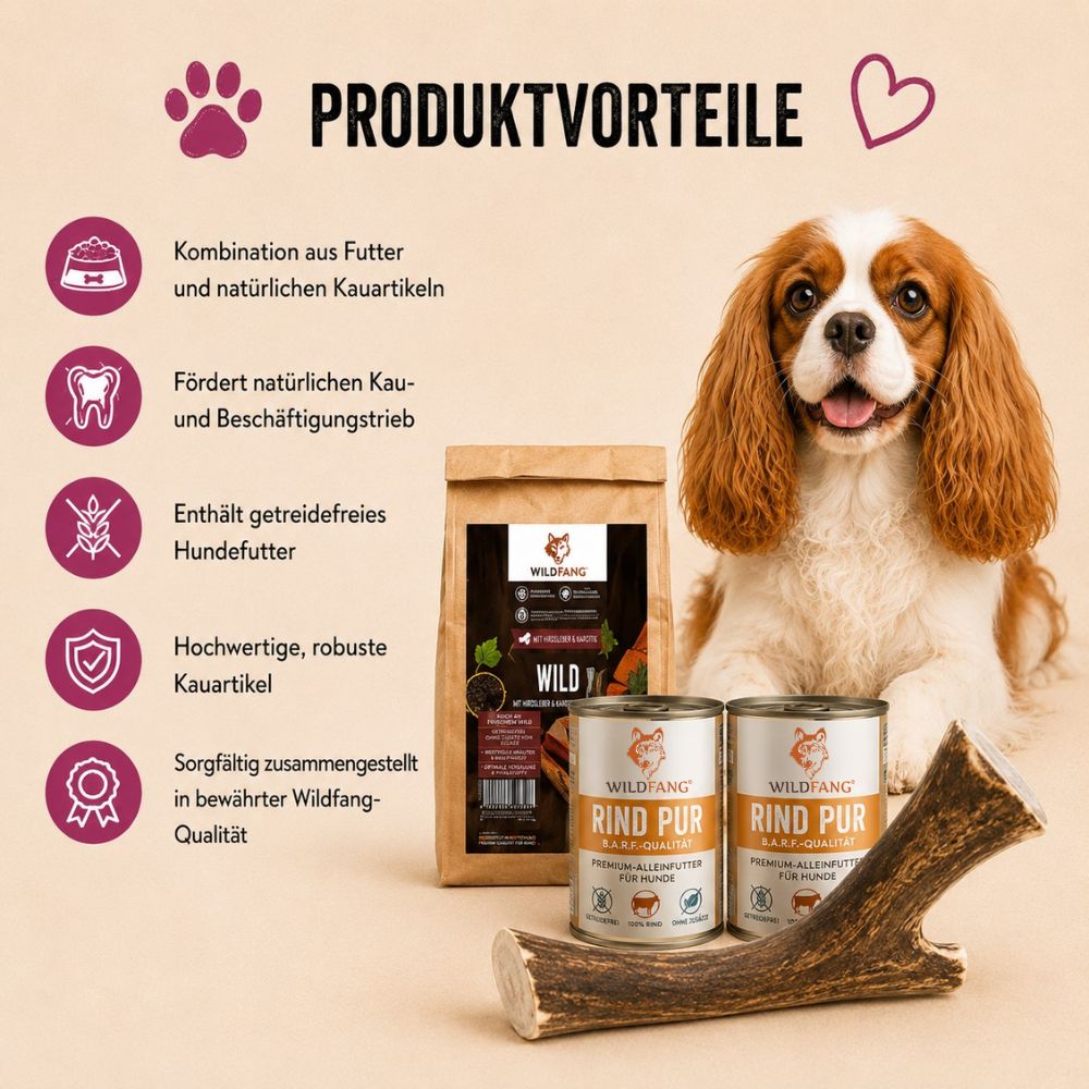 Wildfang Hundefutter und Kauartikel mit Produktvorteilen und Hund.