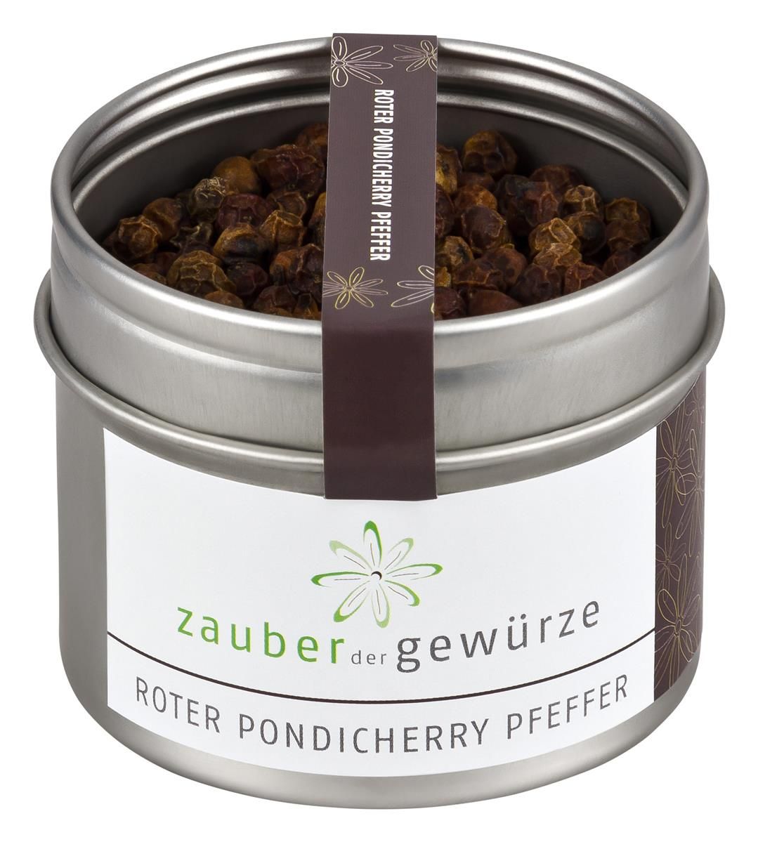 Metallbehälter mit Pfefferkörnern. Etikett mit Produktname und Logo. Brauner Streifen mit Text.