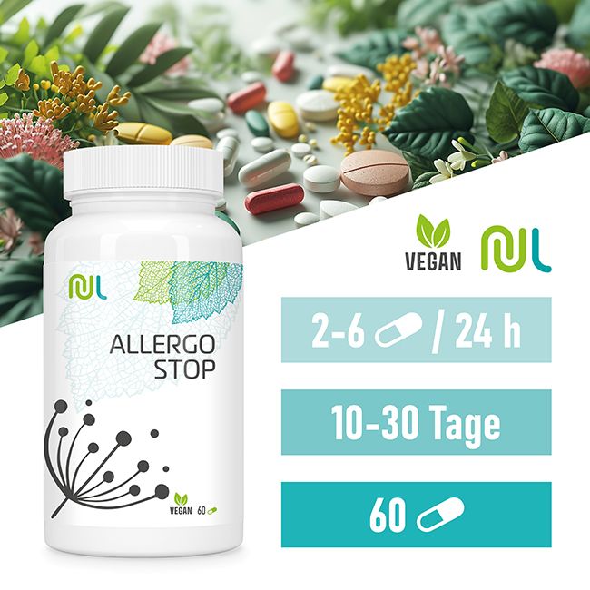 Weiße Flasche "ALLERGO STOP" mit grünen Blättern. "VEGAN"-Logo. Dosierungsangaben und 60 Kapseln.