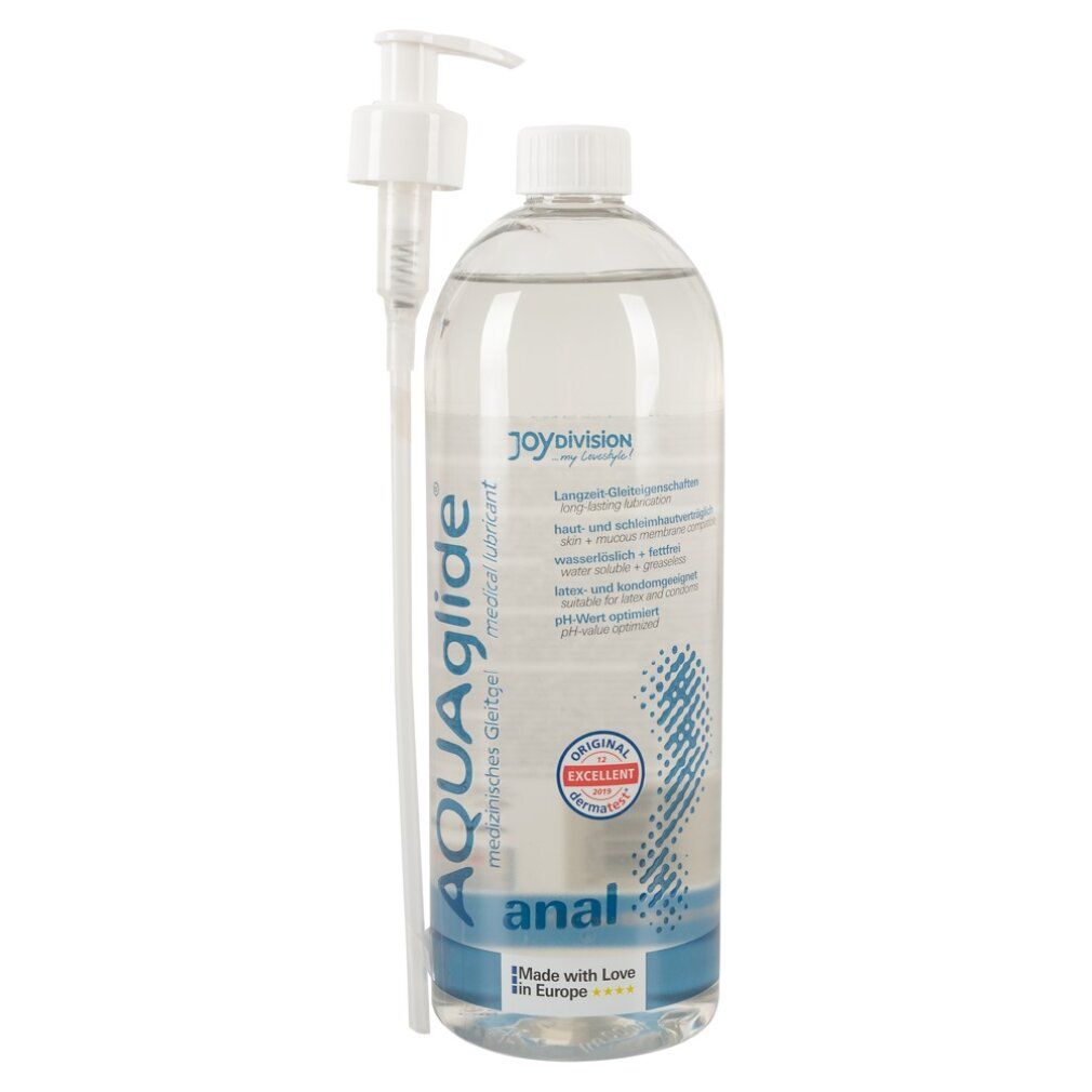 AQUAglide Anal Gleitgel Flasche mit Pumpspender, mit italienischen Texten und Icons.