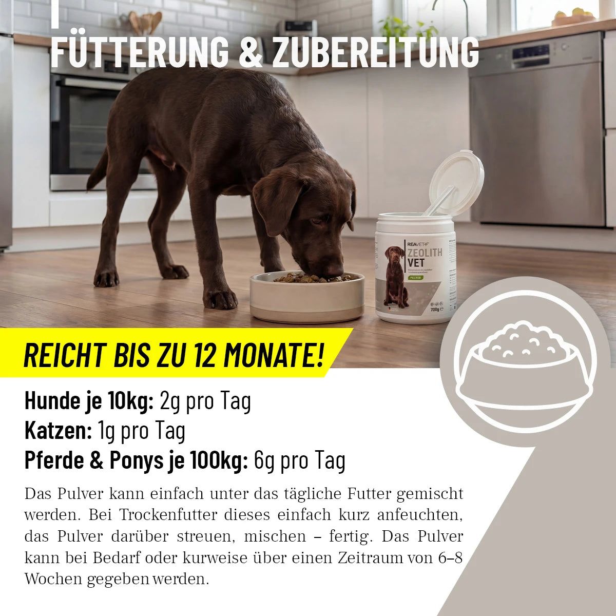 Hund frisst aus Napf. Dose mit ReaVET Zeolith VET. Text: Fütterung & Zubereitung. Text: Reicht bis zu 12 Monate! Dosierung für Hunde, Katzen, Pferde.