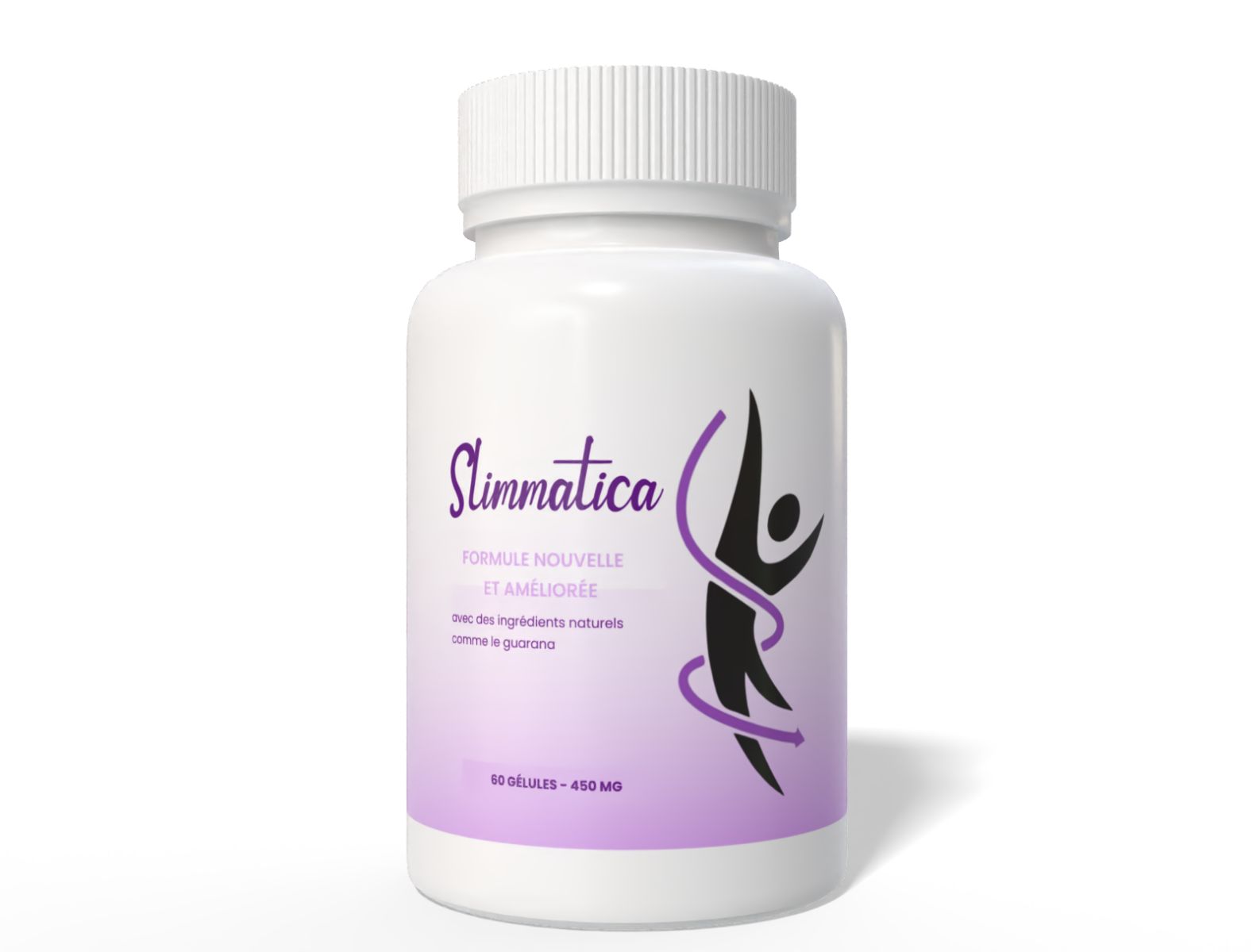 Weiße Pillendose mit lila Etikett. Aufschrift: Slimmatica, neue Formel. 60 Kapseln, 450 mg.