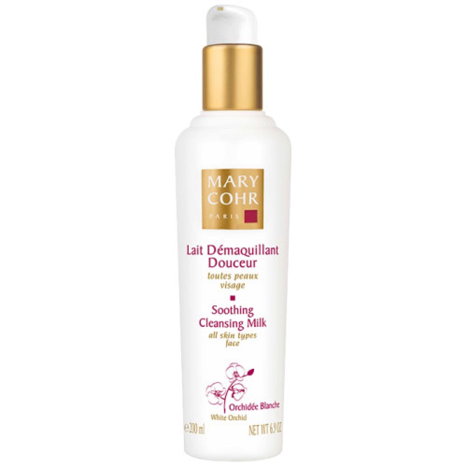 Weiße Flasche mit goldfarbenem Pumpkopf. Aufschrift: MARY COHR PARIS, Lait Demaquillant Douceur, Soothing Cleansing Milk. Orchidée Blanche.
