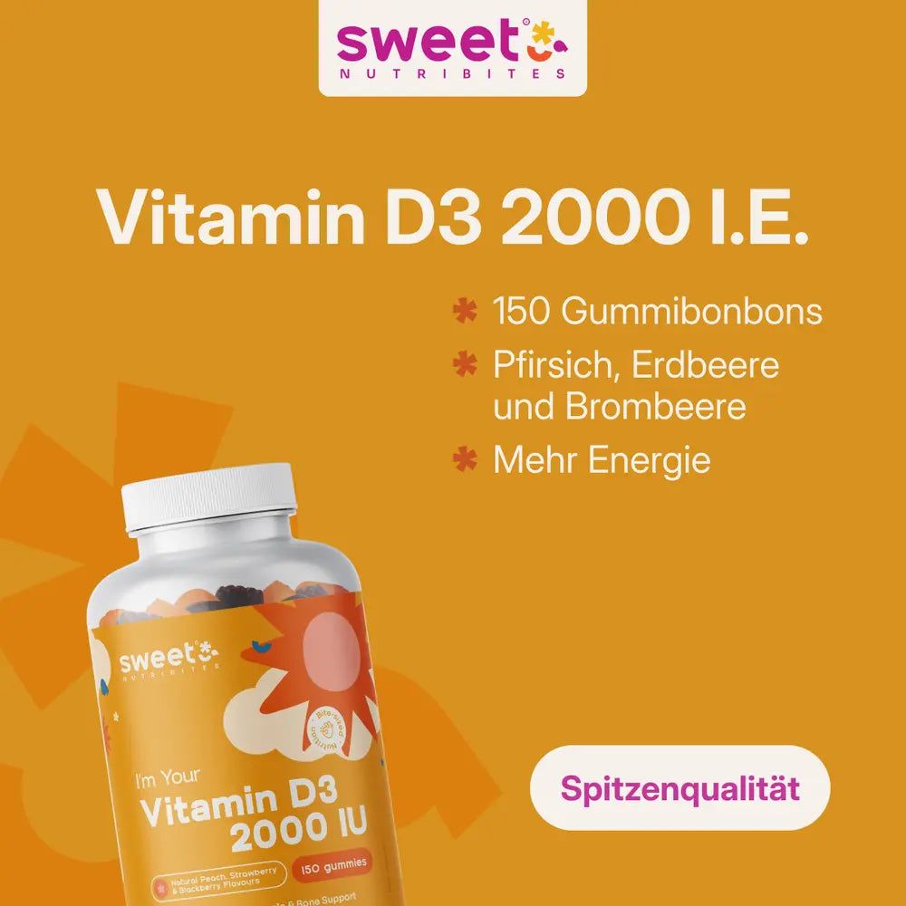 Flasche Sweet Nutribites Vitamin D3 2000 I.E. Text: 150 Gummibonbons, Pfirsich, Erdbeere und Brombeere, Mehr Energie.