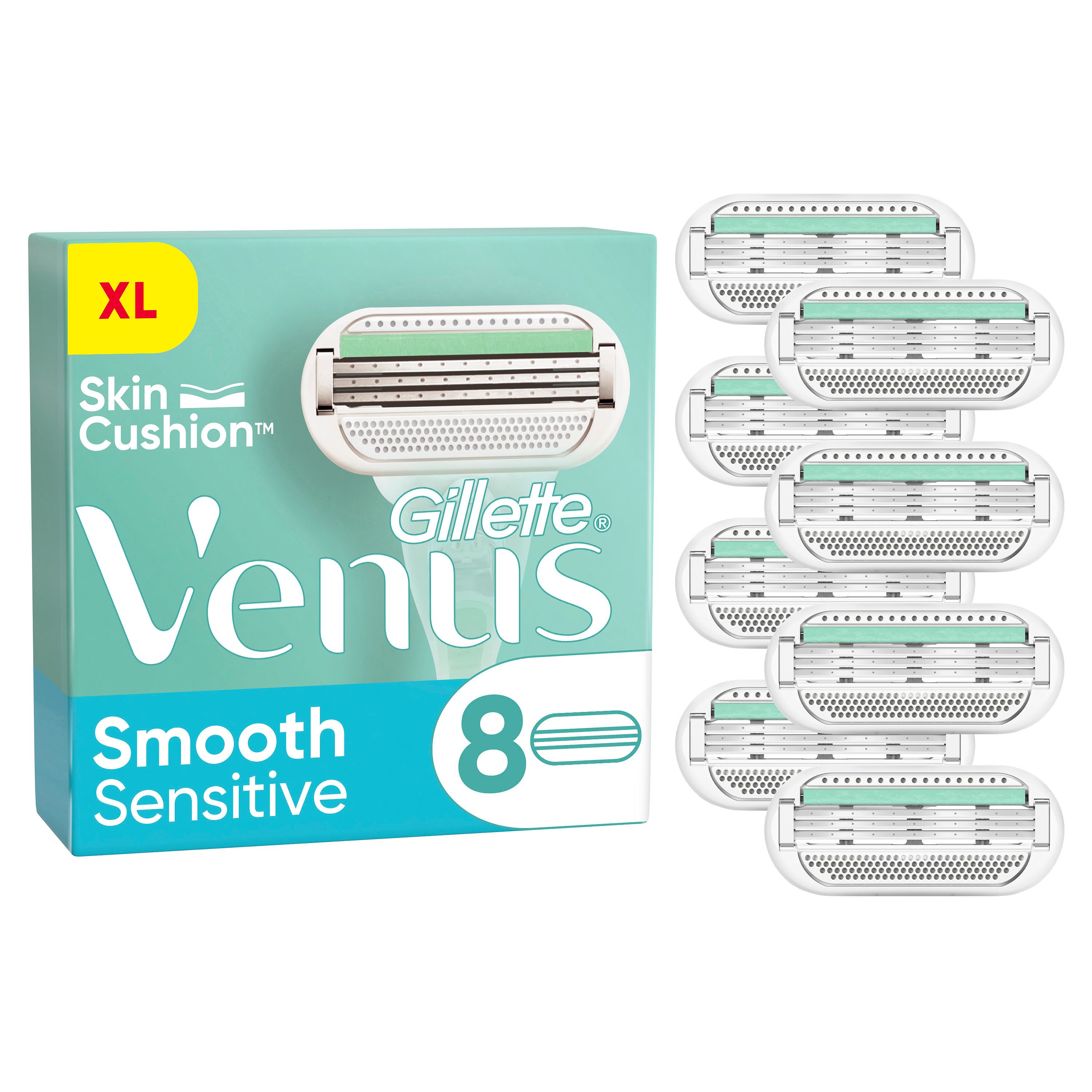 Packung mit 8 Rasierklingen. Text: Gillette Venus Smooth Sensitive, Skin Cushion, XL. Klingen und Packung in Türkis und Weiß.