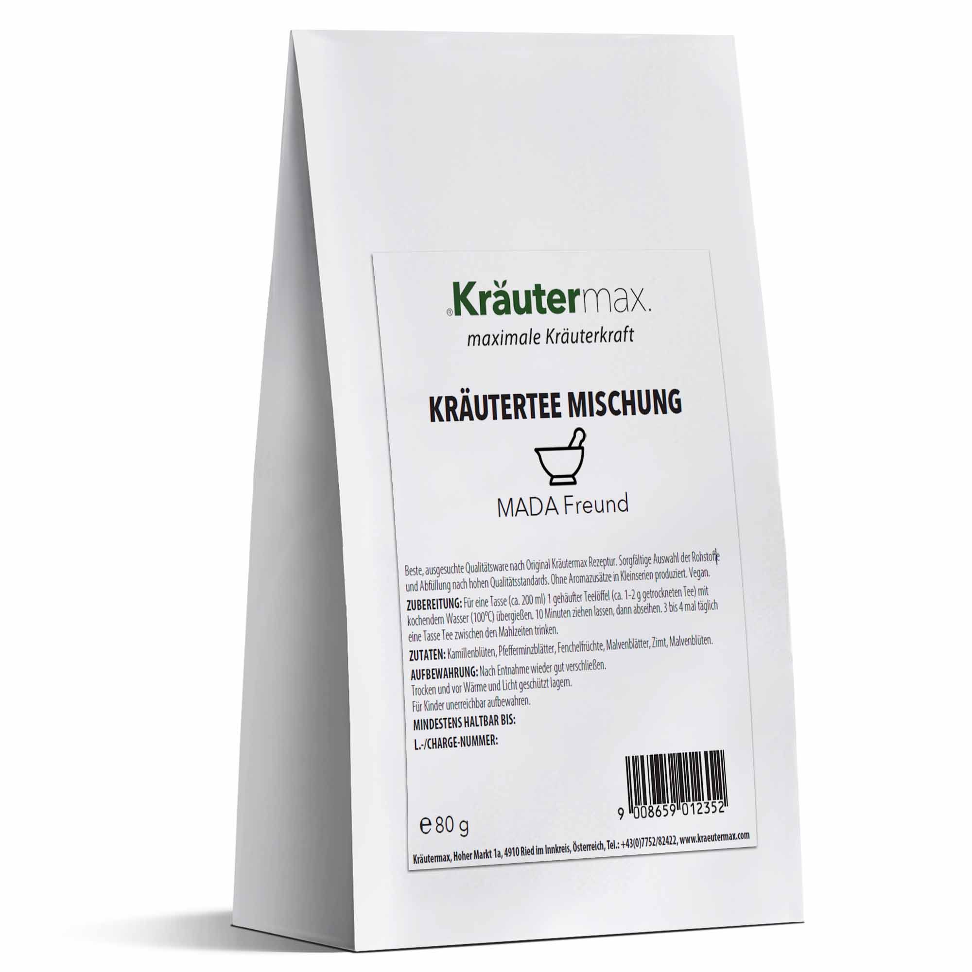 Kräutermax Kräutertee Mischung in weißer Verpackung. Text: Kräutermax maximale Kräuterkraft. Gewicht: 80 g. Chargennummer.