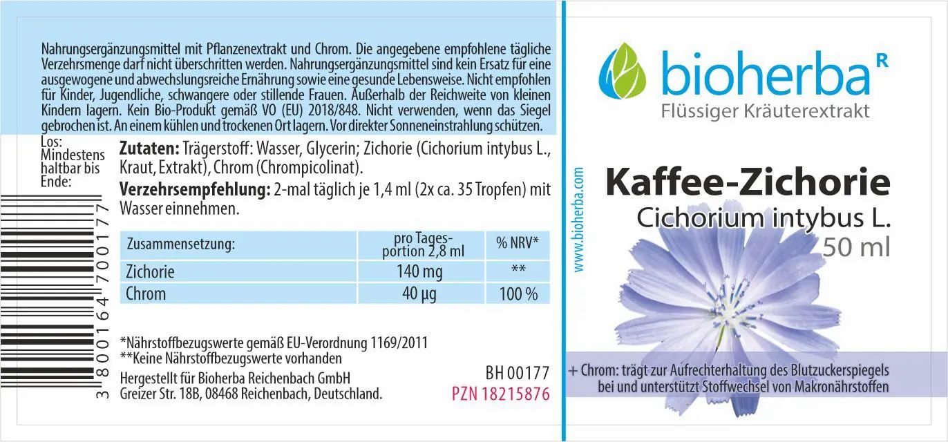 Etikett mit Produktnamen, Logo und Inhaltsangaben. Enthält Informationen zu Inhaltsstoffen und Dosierung.
