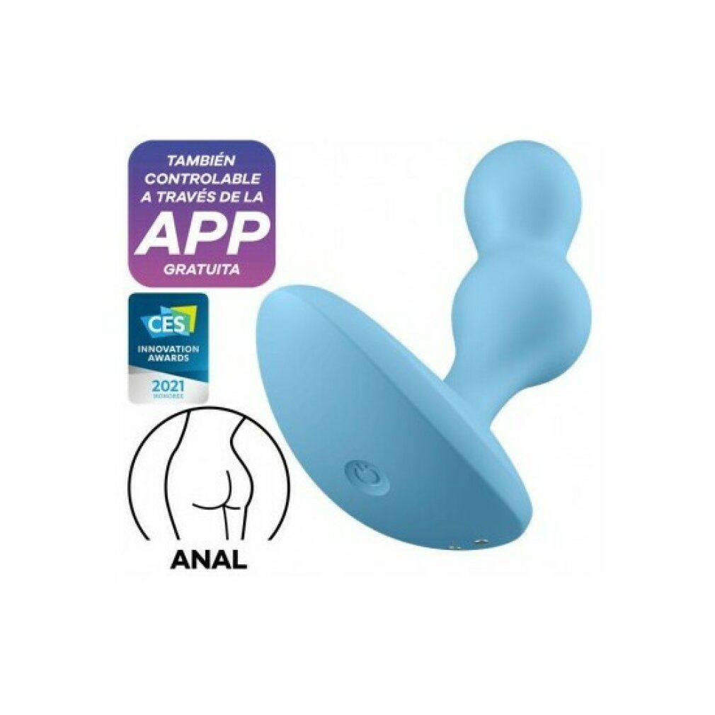 Hellblauer, tropfenförmiger Vibrations-Plug. Mit App-Funktion, CES Innovation Awards 2021 und Anal-Symbol.
