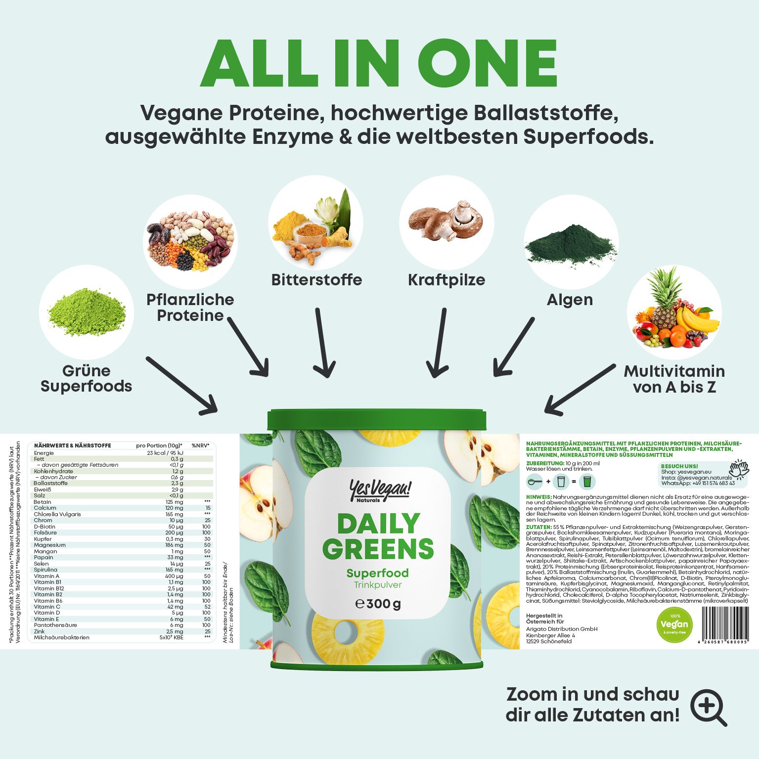 Yes Vegan® Daily Greens Superfood Pulver (300 Gramm) mit Vitaminen, Mineralstoffen & Ballaststoffen