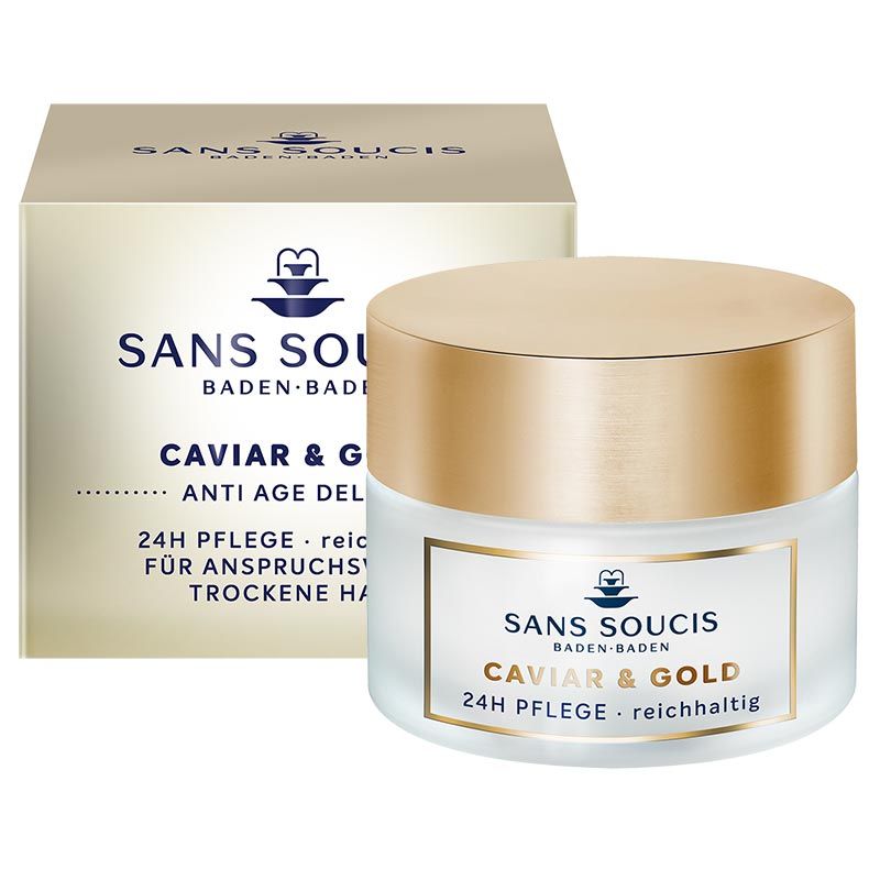 Creme-Tiegel und Karton. Aufschrift: Sans Soucis, Caviar & Gold, 24H Pflege. Goldfarbener Deckel, weißes Glas. Karton mit Logo und Produktnamen.