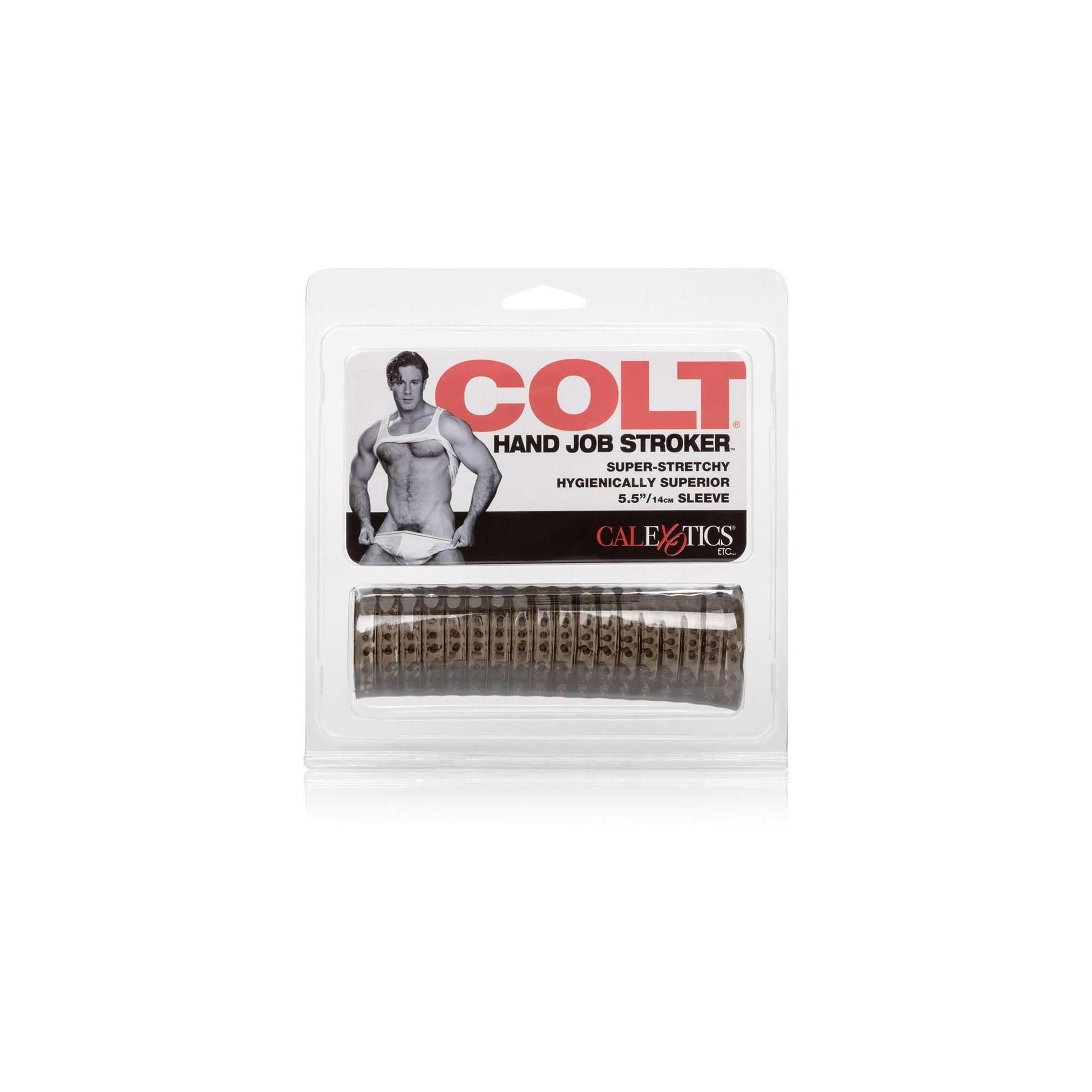 Verpackung mit Produkt. COLT Hand Job Stroker. Transparentes Gehäuse. Produkt sichtbar.
