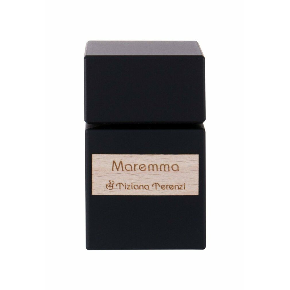Schwarzer Flakon mit Holzschild. Aufschrift: Maremma & Tiziana Terenzi. Quadratische Form mit schwarzem Deckel.