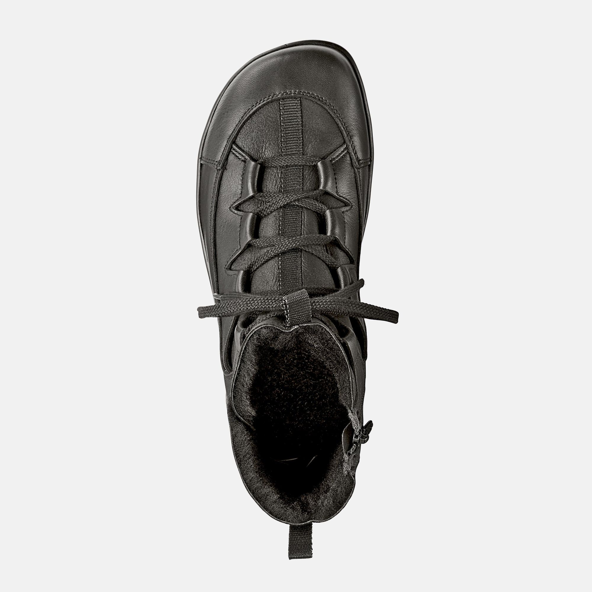 Draufsicht auf eine schwarze Stiefelette mit Schnürung und Reißverschluss. Innenfutter sichtbar. Profilsohle.