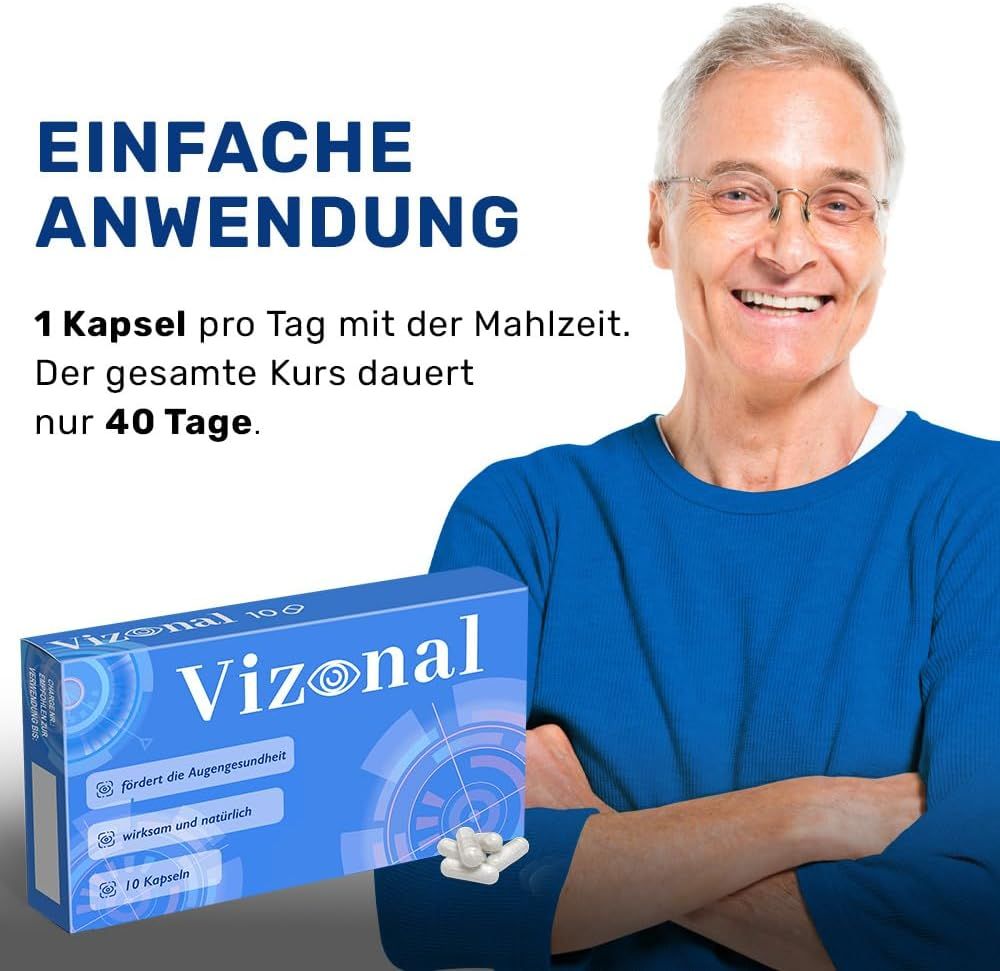 Mann lächelt, hält eine Schachtel "Vizonal" mit Kapseln. Text: "Einfache Anwendung".