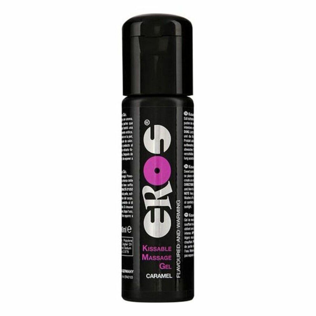Körperpflegegel in schwarzer Flasche. Aufschrift: Eros, Kissable Massage Gel, Caramel.