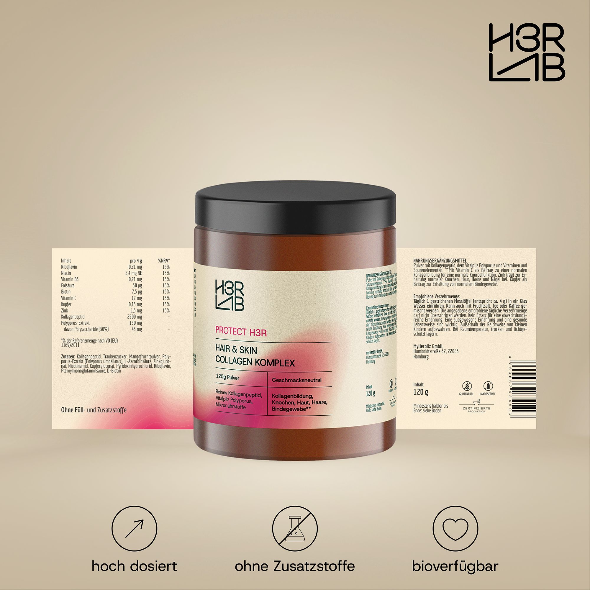Braune Dose mit schwarzem Deckel. Aufschrift: H3R LAB Hair & Skin Kollagen Komplex. Zwei Etiketten im Hintergrund.