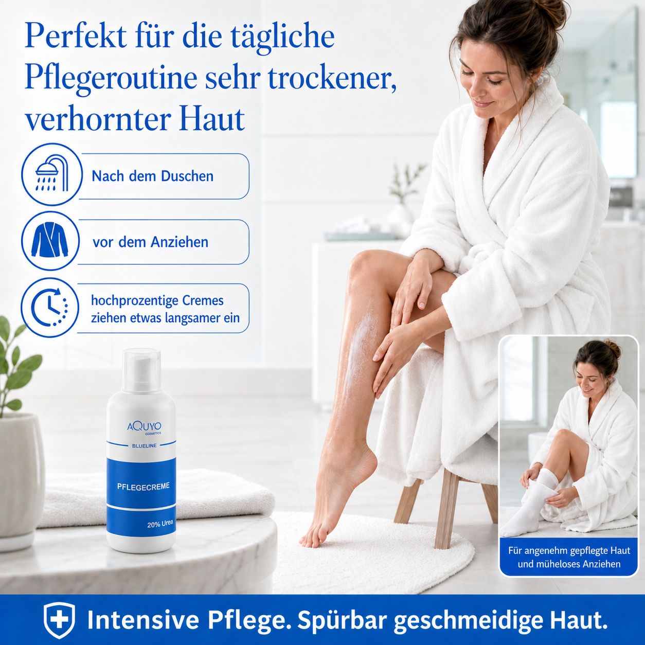 Weiße Flasche mit blauer Aufschrift. Text: Pflegecreme, 20% Urea. Frau trägt Creme auf die Beine auf. Handtuch.