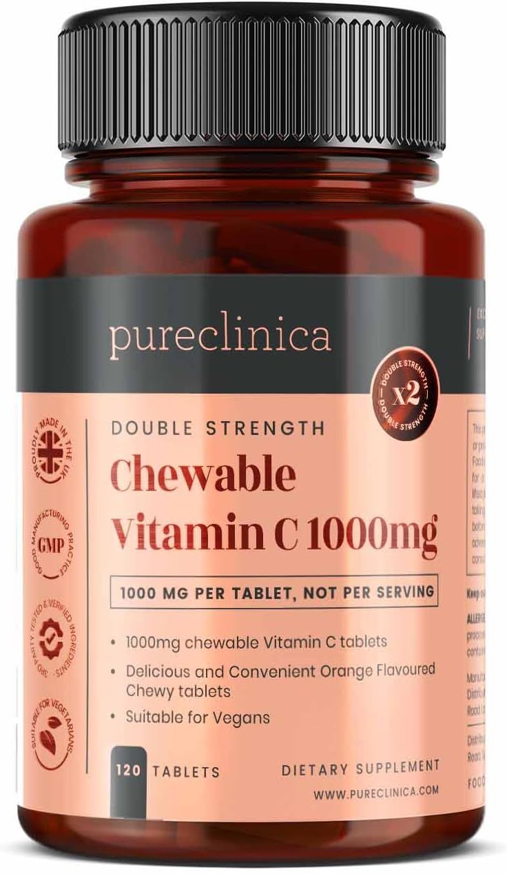 Braune Flasche Pureclinica Vitamin C Tabletten. Etikett mit Produktnamen, Dosierung, Inhaltsstoffen und Anzahl der Tabletten.