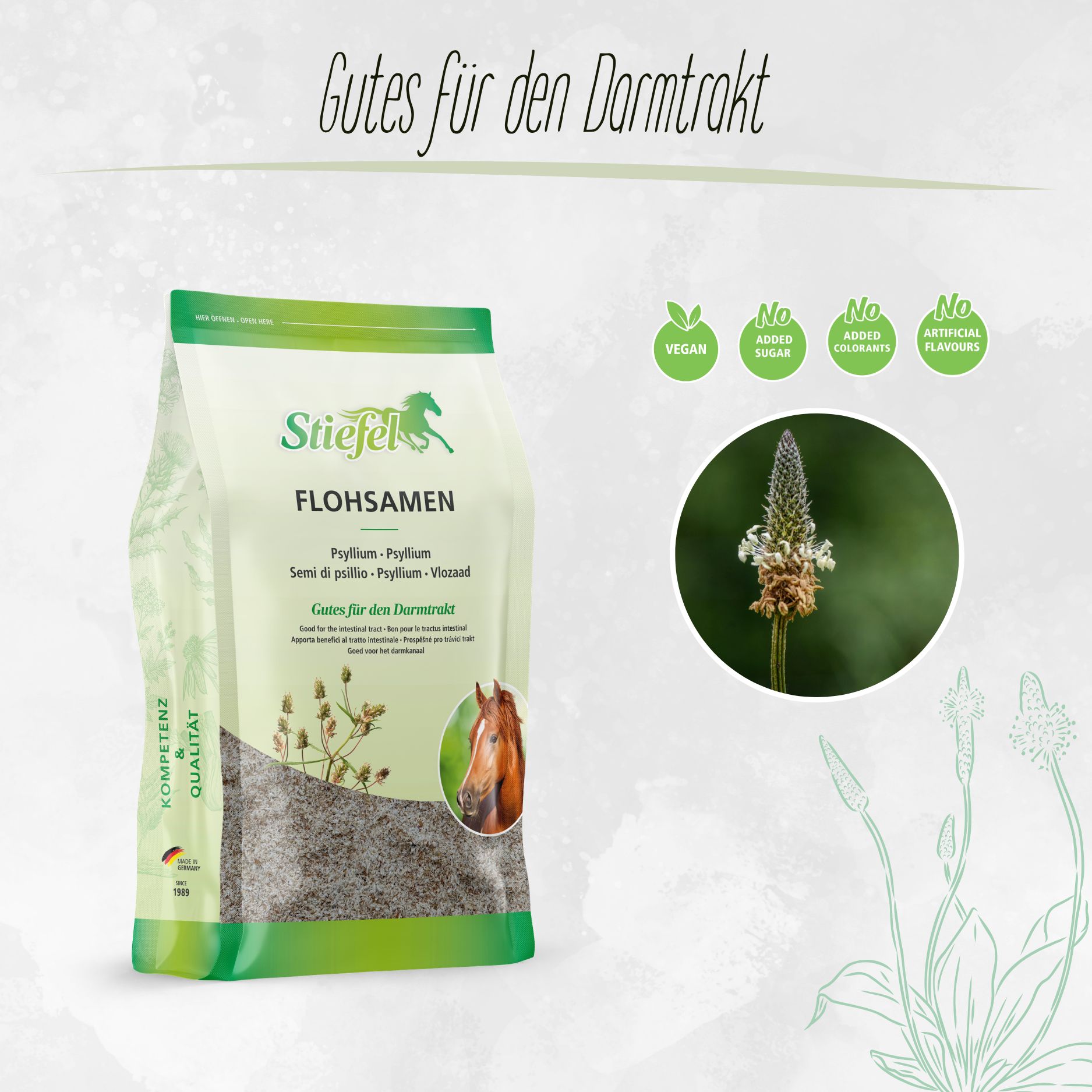 Beutel mit Stiefel Flohsamen. Grün-weiße Verpackung mit Produktnamen, Logo und Illustrationen. Vegan, ohne Zucker, ohne Aromen.