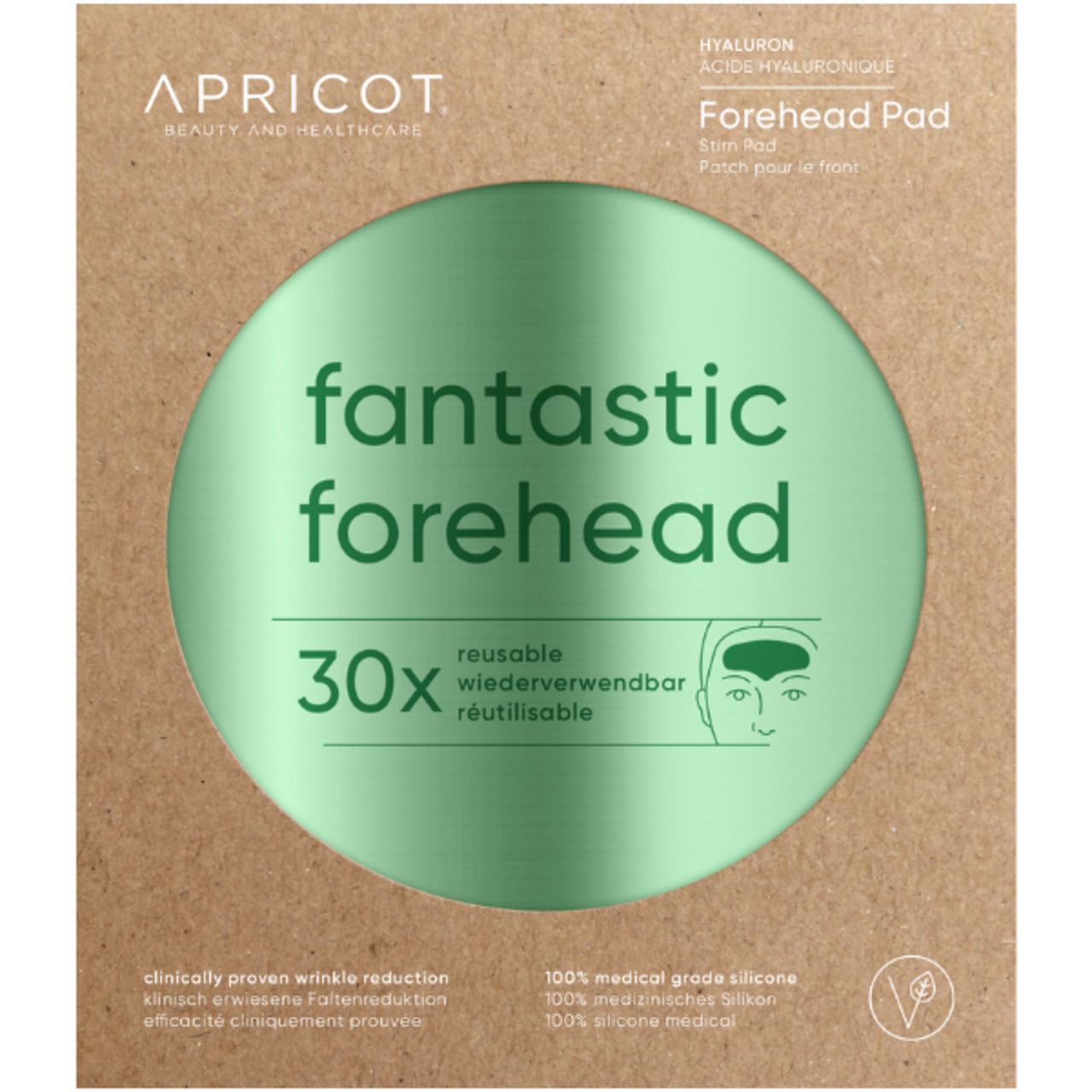 Verpackung mit Stirn Pad. Aufschrift: APRICOT, fantastic forehead, 30x wiederverwendbar.