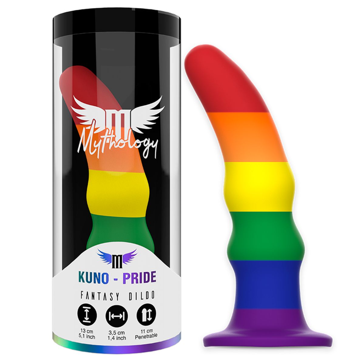 Dildo in Regenbogenfarben, in transparenter Verpackung. Aufschrift: Kuno Pride, Mythology.