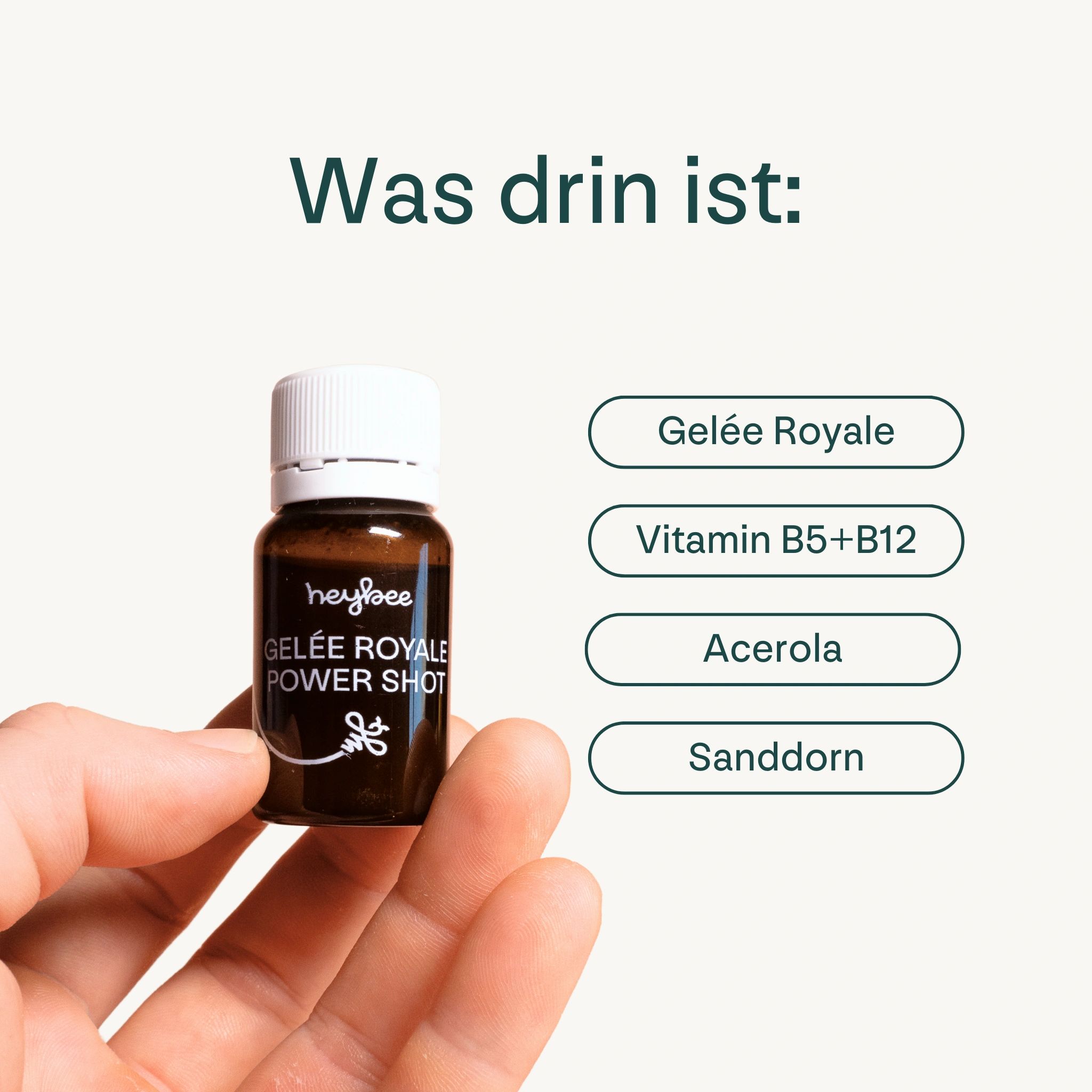 Heybee Gelée Royale Power Shot, braunes Fläschchen. Enthält Gelée Royale, Vitamin B5+B12, Acerola und Sanddorn.