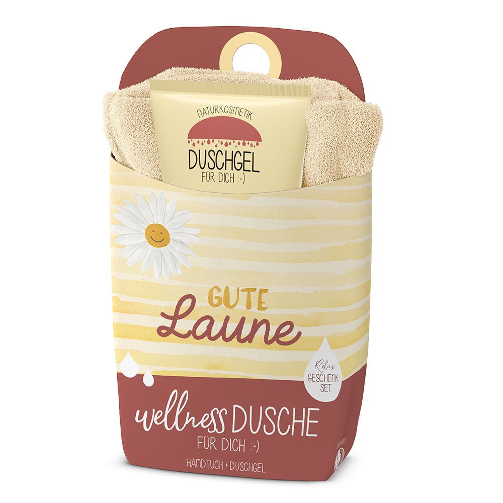 Geschenkset mit Duschgel und Handtuch. Verpackung mit Aufschrift "Gute Laune" und "Wellness Dusche".