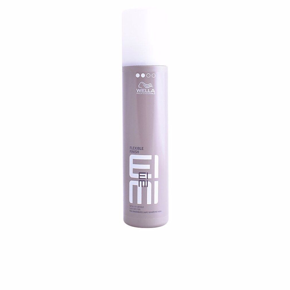 Haarspray-Flasche, hellgrau mit weißem Deckel. Logo und Schriftzug EIMI. Flexible Finish.