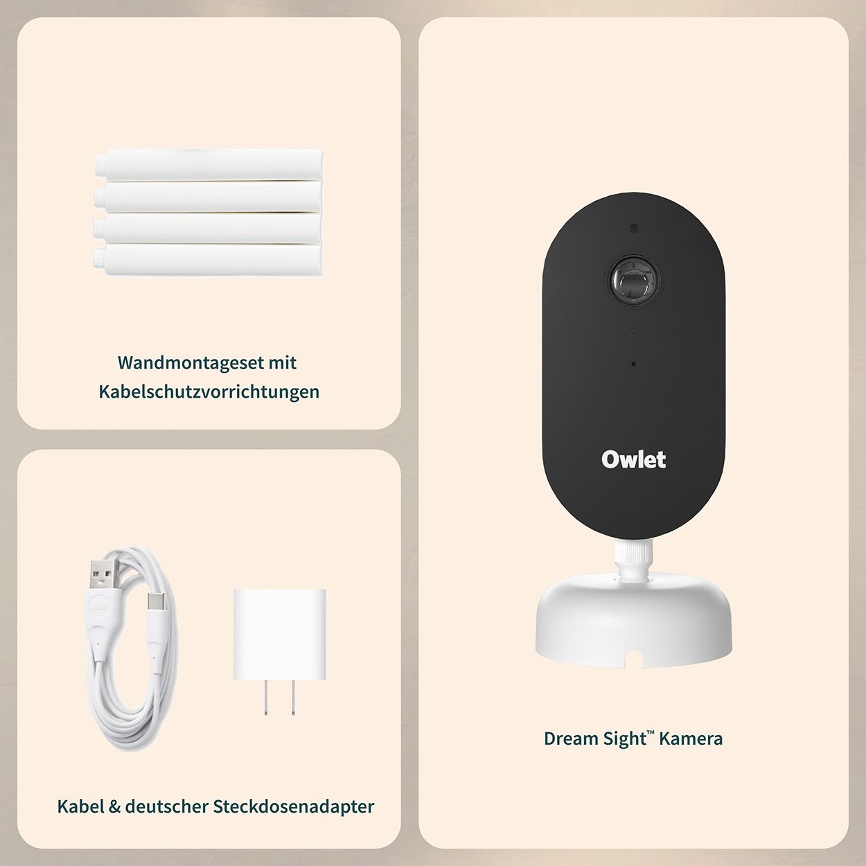 Babyphone-Kamera, Wandmontageset, Kabel und Netzteil. Owlet Dream Sight Kamera.